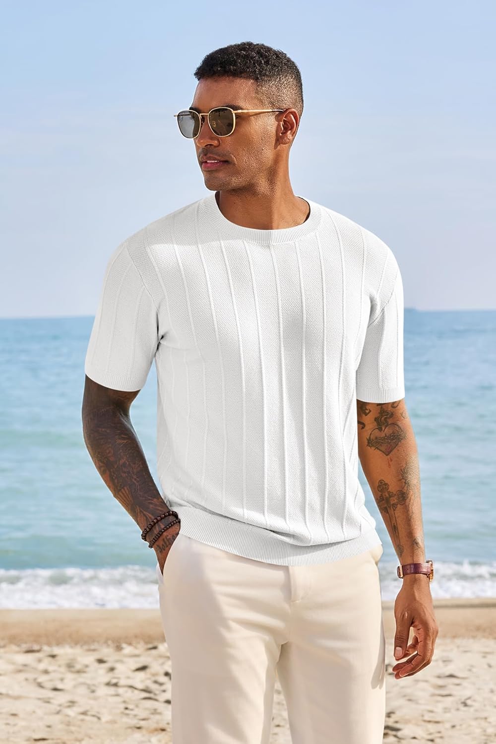 Runcati Mens Knit Short Sleeve T-Shirts Casual Crewneck Sweater Shirt Ribbed Textured Pullover Tees - Image 4