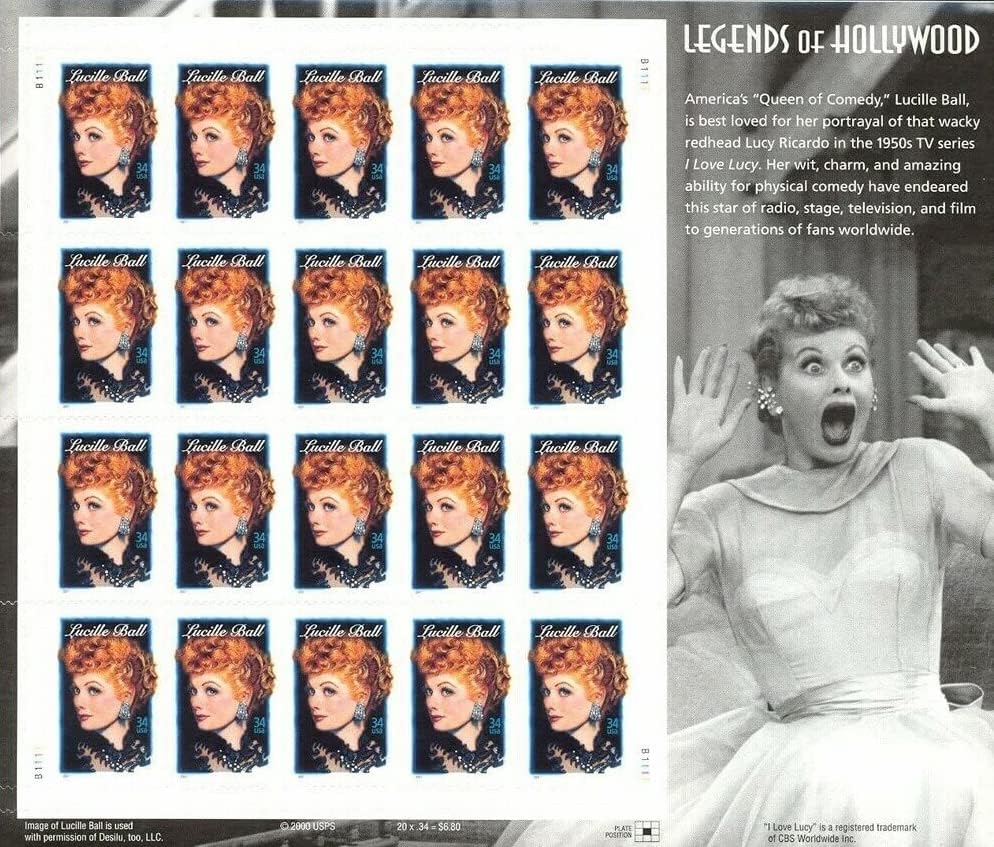 USPS Lucille Ball Stamps - Page of 20 34 Cent Postage Stamps - Legends of Hollywood Series