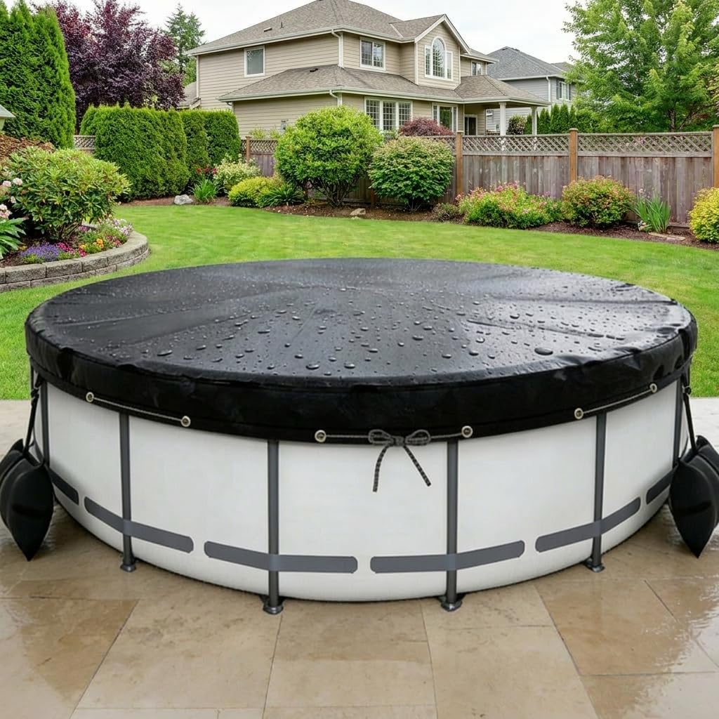 Copertura per Piscina Rotonda Fuori Terra in Tessuto Oxford Impermeabile, Protezione per Tutte le Stagioni, Nero, Nero, 12FT 366 * 20cm