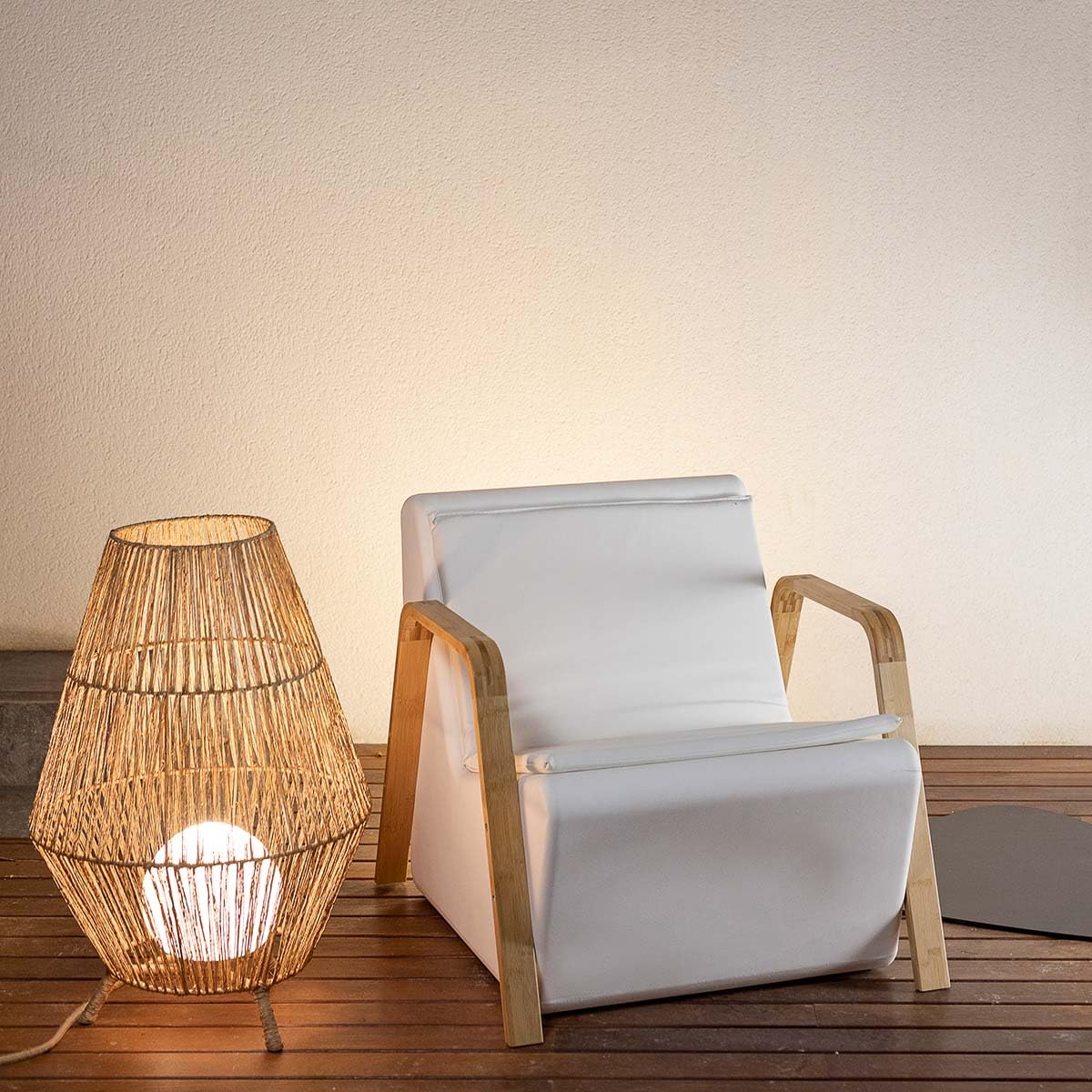 Moovere Lámpara de pie SAONA 70 cm con Cable Yute Luz Blanca + Mando a Distancia para Exterior e Interior para la Terraza, el Salón y el Patio