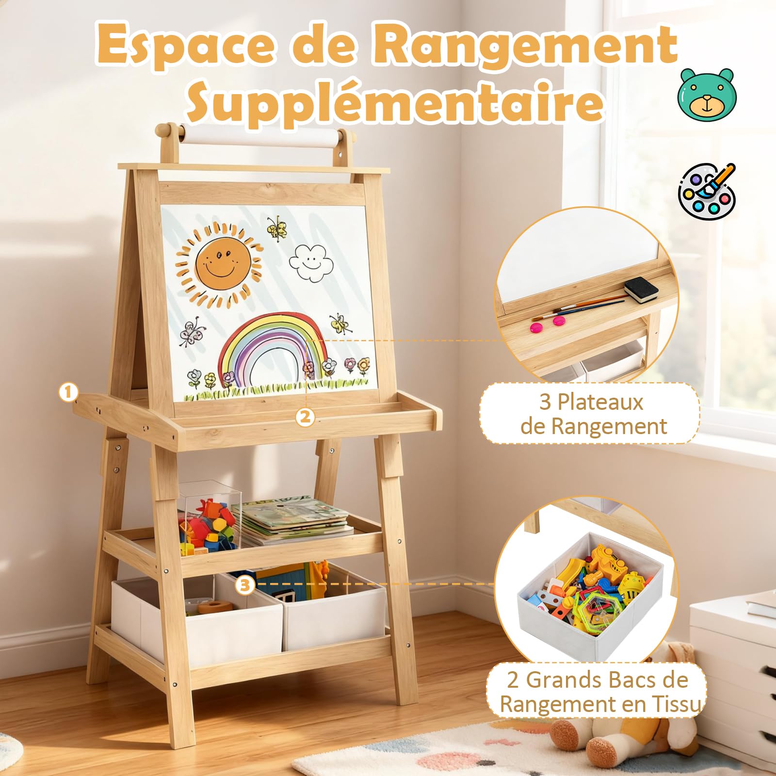 GOPLUS Caballete para niños de doble cara, Pizarra infantil de madera, Tabla de dibujo magnético con rollo de papel, cajas de almacenamiento, pintura multifunción accesorios completos (natural)