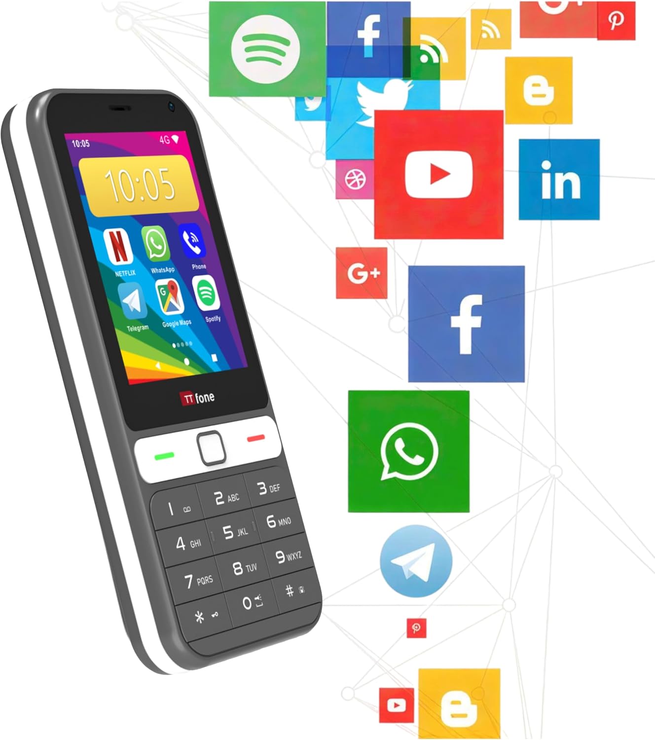 TTfone TT280 mobile phone with 4G LTE and 2-year warranty logos