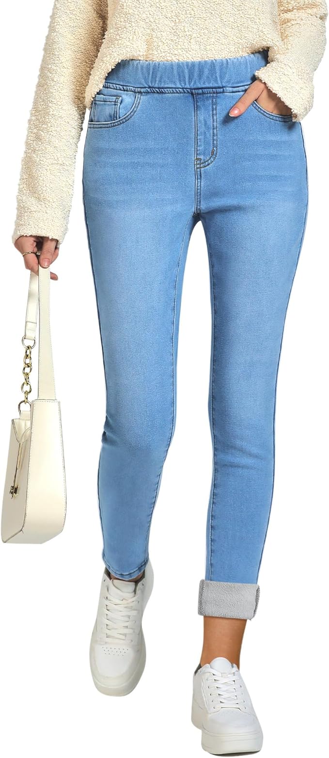 GRAPENT Women's High-Waisted Fleece-Lined Denim Jeggings