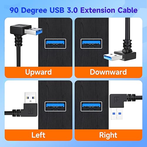 Miniatura 3 de Cable de extensión USB3.0 con ángulo hacia arriba, cable de datos USB macho a hembra de 11.8 pulgadas, adaptador USB de 90 grados con contactos