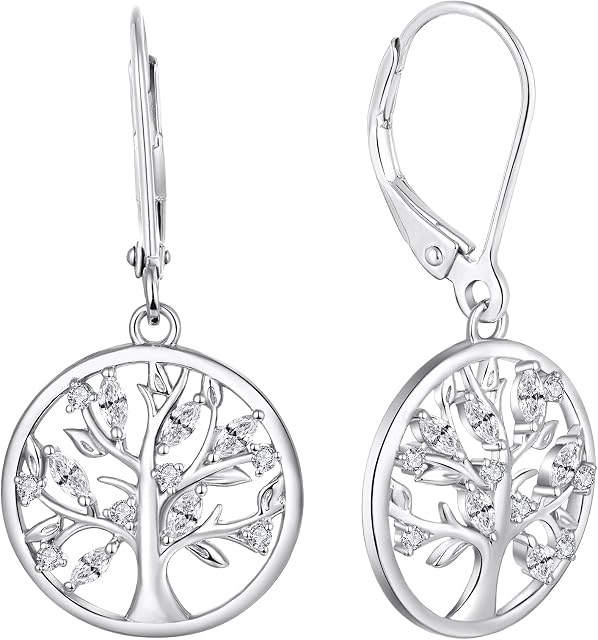 JO WISDOM Women Earrings,925 Sterling Silver Family Tree of Life Leverback Dangle & Drop Earrings with 3A Cubic Zirconia