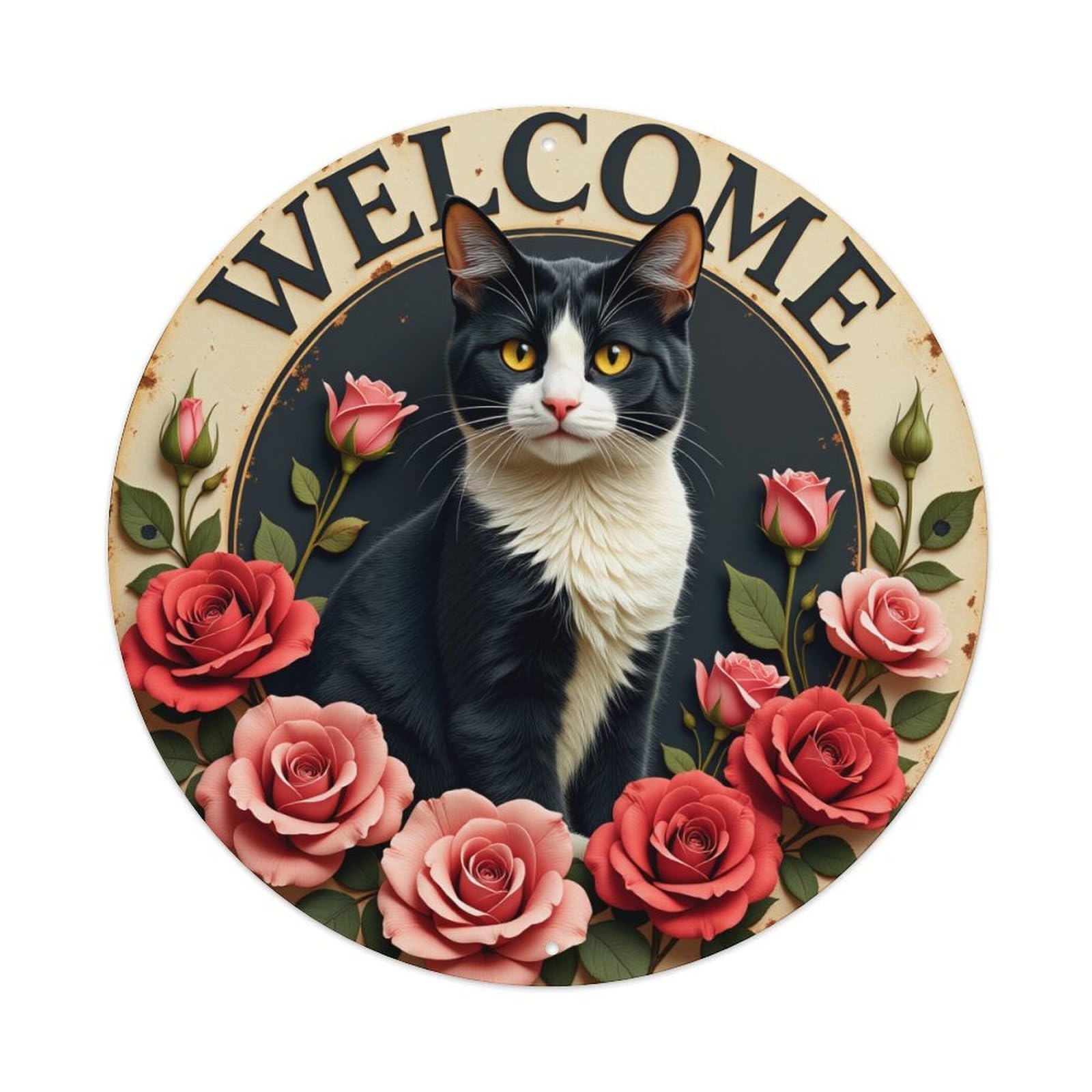 Welcome Cat Roses Floral Sign Tin Sign Metal Poster Vintage Metal Signs for Home Man Cave Bar Cafe Kitchen laundry room Wall Decorations Gift 8x8Inch