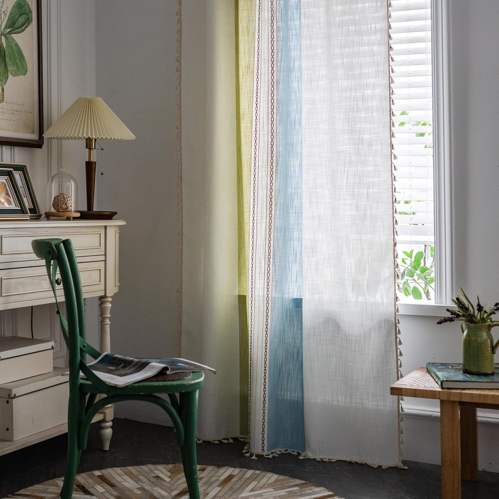 Deeprove Boho Linen Curtains 84 inch for Bedroom Living Room, Semi Blackout Textured Farmhouse Tassels Window Treatment Bohemian Embroidery Drape Rod