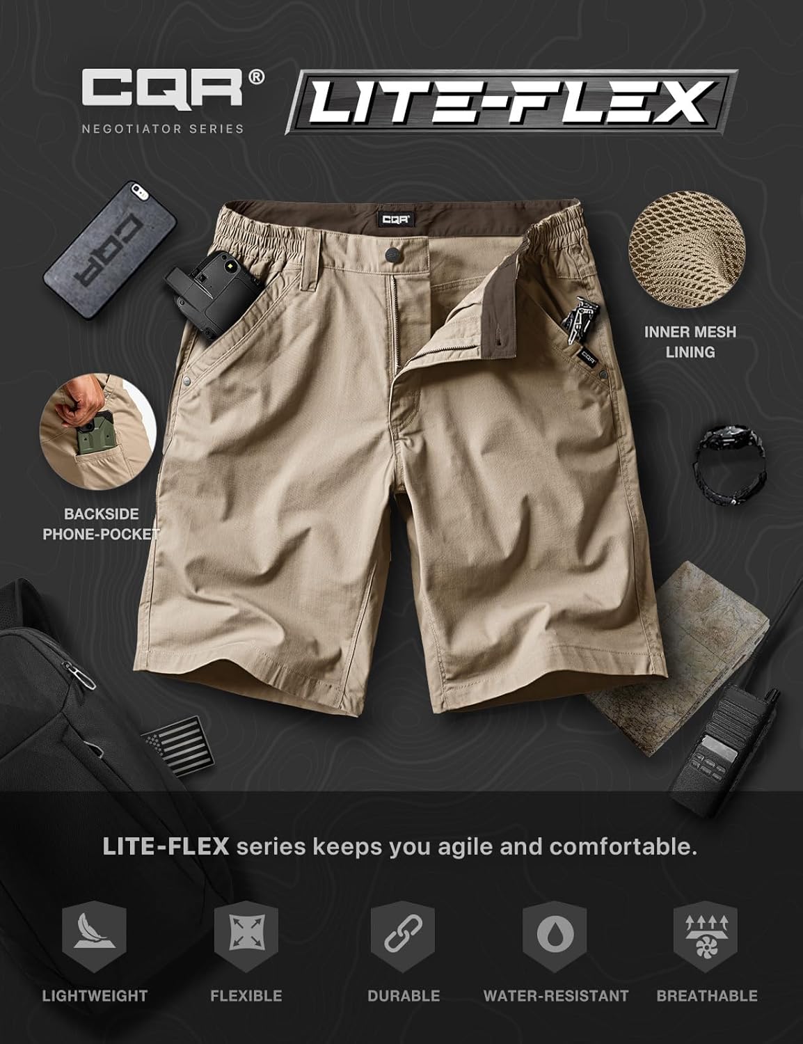 CQR Men's Flex Casual Cargo Shorts, Lightweight Water Resistant Golf Shorts, Stretch Tactical Work Shorts with Multi-Pocket - Image 7