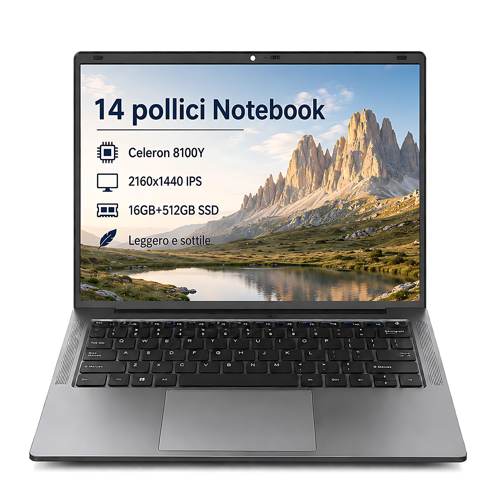 2026 PC Portatile 14 Pollici 2K IPS (2160×1440), m3-8100Y fino a 3.4GHz/16GB+512GB SSD, Windows 11/USB 3.0/Ultra-Sottile, con Copritastiera Italiana (Grigio)
