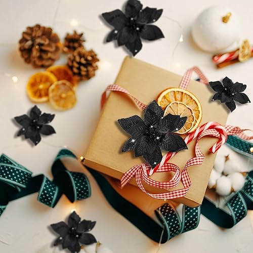 Miniatura 30 de 36 piezas de 3 tamaños de flores artificiales de Navidad con purpurina de Navidad para decoración de árbol de Navidad, Año Nuevo, decoración