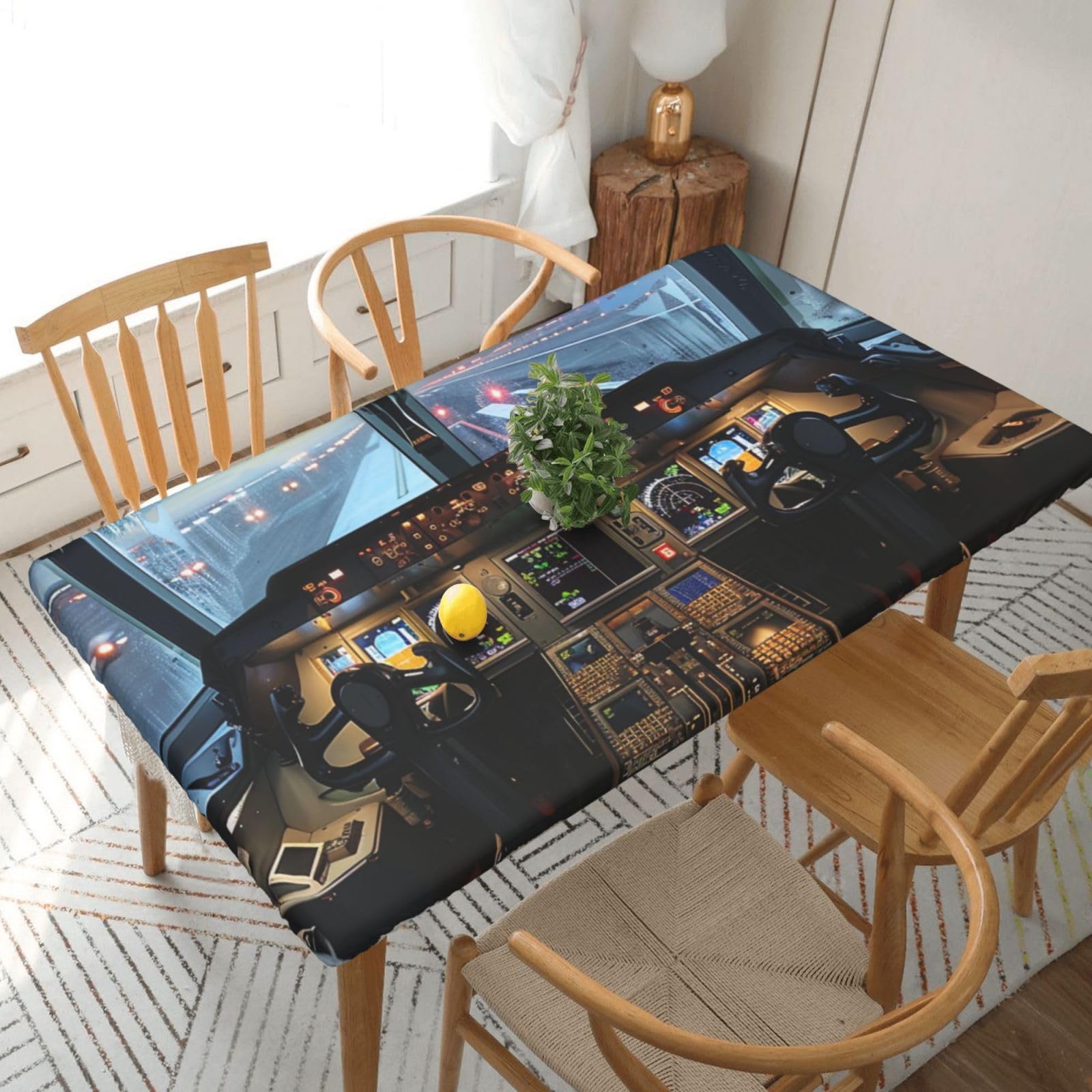 WPKJU Airplane Cockpit Printed Tablecloths 5ft Rectangular Table Covers Washable Polyester Decorative Table Cloth for Dining Table Picnic Wedding