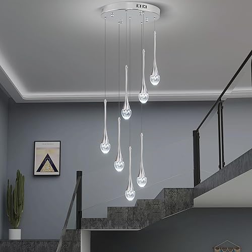Miniatura 4 de Upfelw Moderno candelabro de cristal cromado, 7 luces cromadas, techo alto de 60 pulgadas, espiral, regulable, luz LED de gota de lluvia de cristal