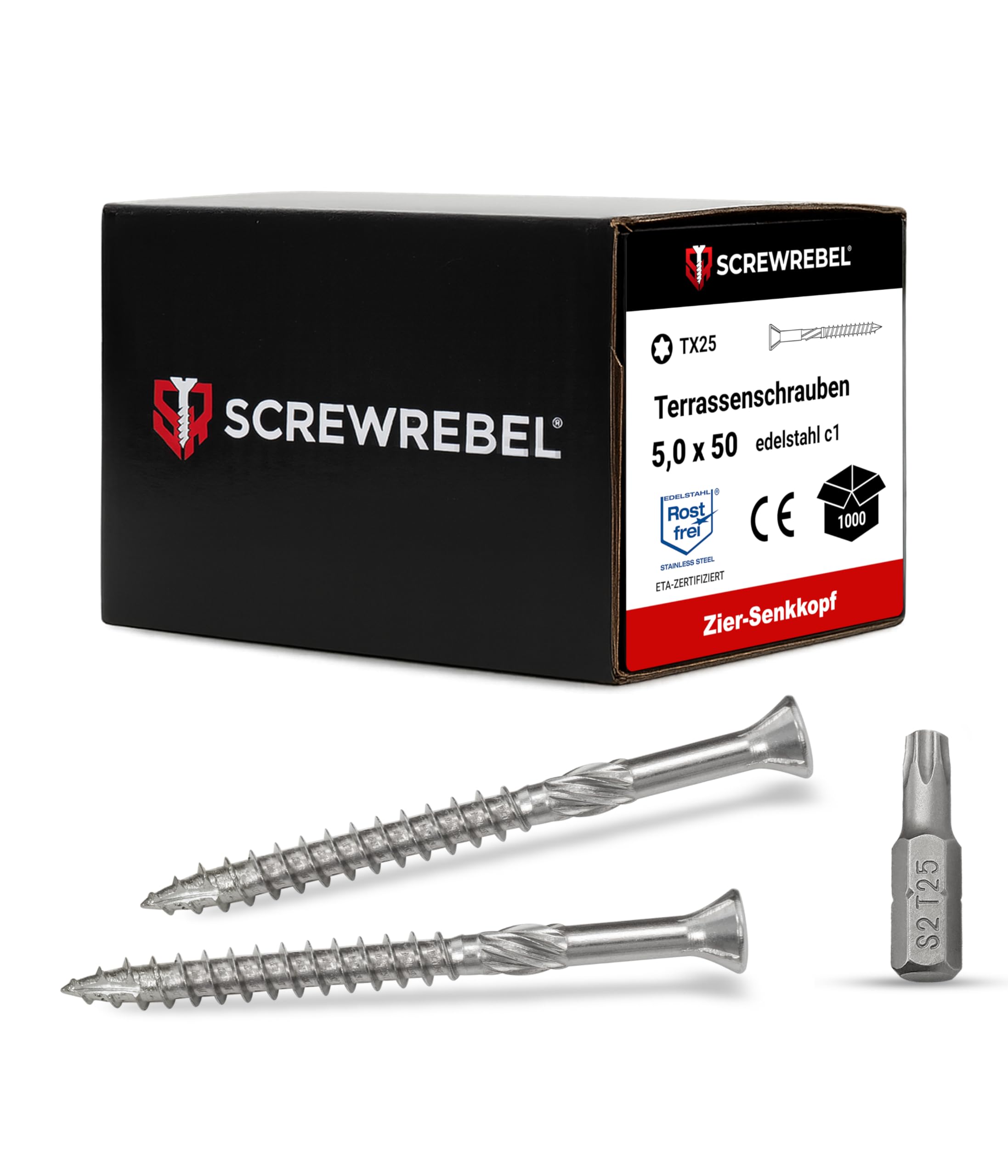 SCREW REBEL Terrassenschraube ST-FIX Edelstahl C1 5,0 x 50mm - 1.000 Stück inklusive 2 Stück S2-Bits, TX 25, Zier-Senkkopf, Schaftfräser, Sägezahn Gewindeschliff, Cutspitze, Dielenschraube gewachst