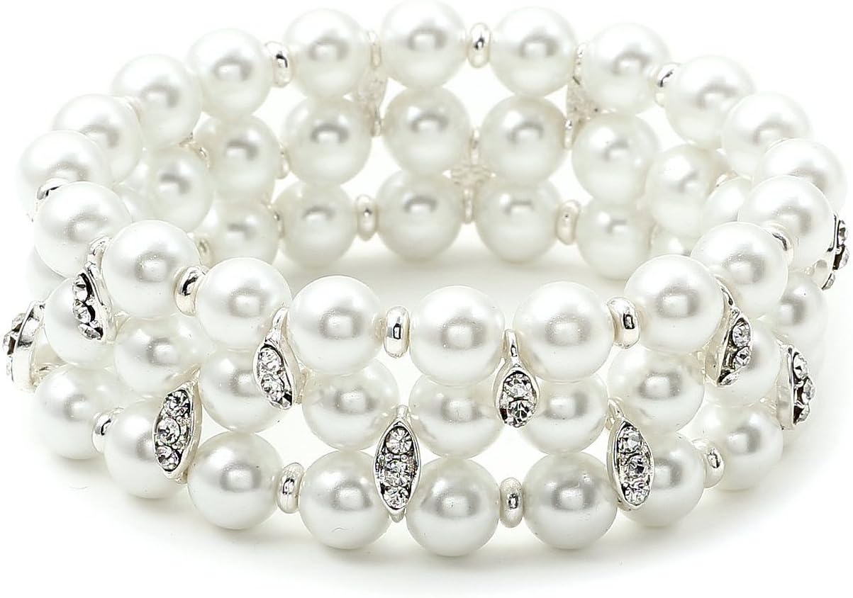 Silver Crystal Rhinestone Accents on White Pearl 3 Strand Row Stretch Bracelet