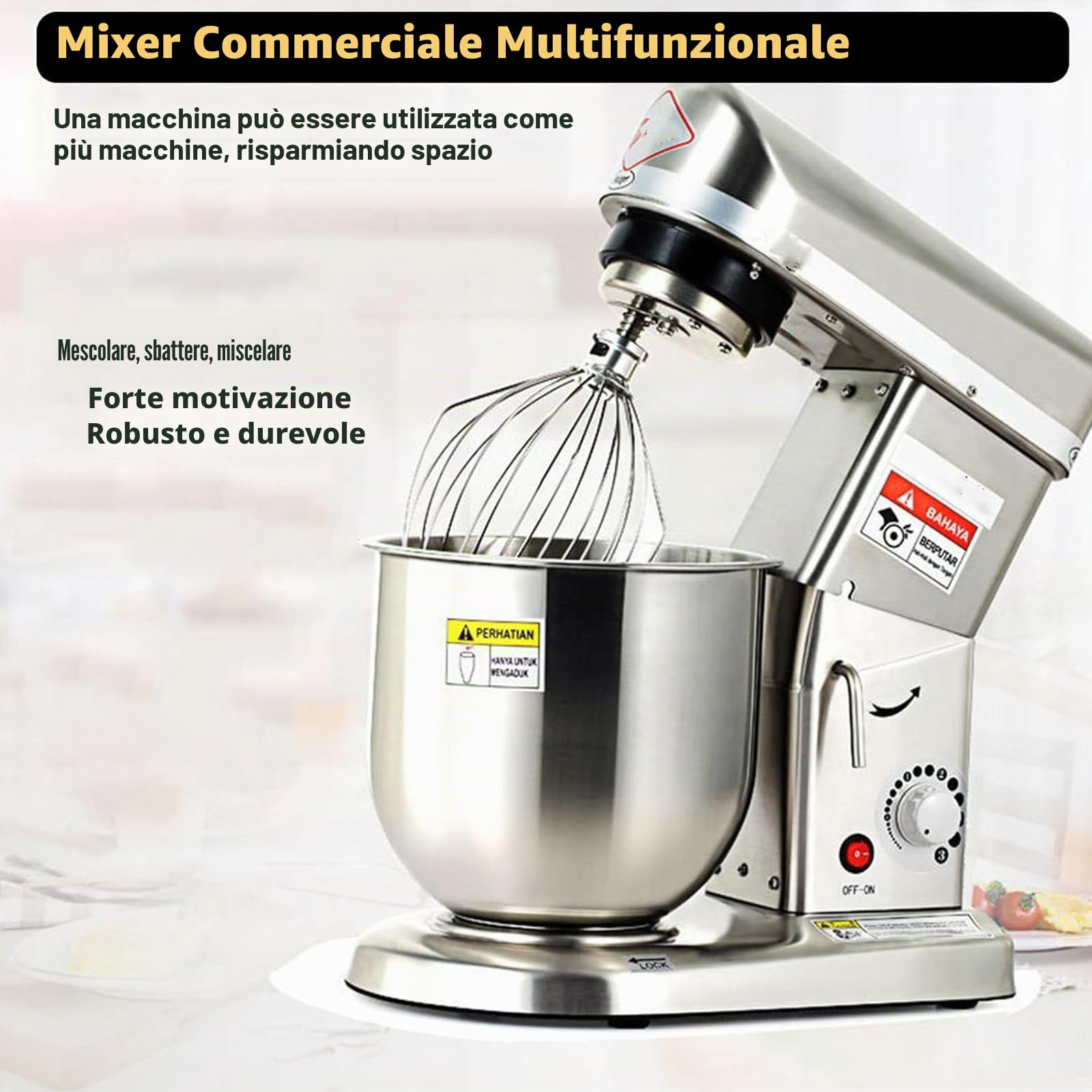 Impastatrice Elettrica da Cucina, Impastatrice a Spirale, Impastatrice per Torte 3 in 1,con Gancio per Impastare, Frusta, Frusta e Ciotola per Panificio Pizzeria Ristorante,Silver-5L