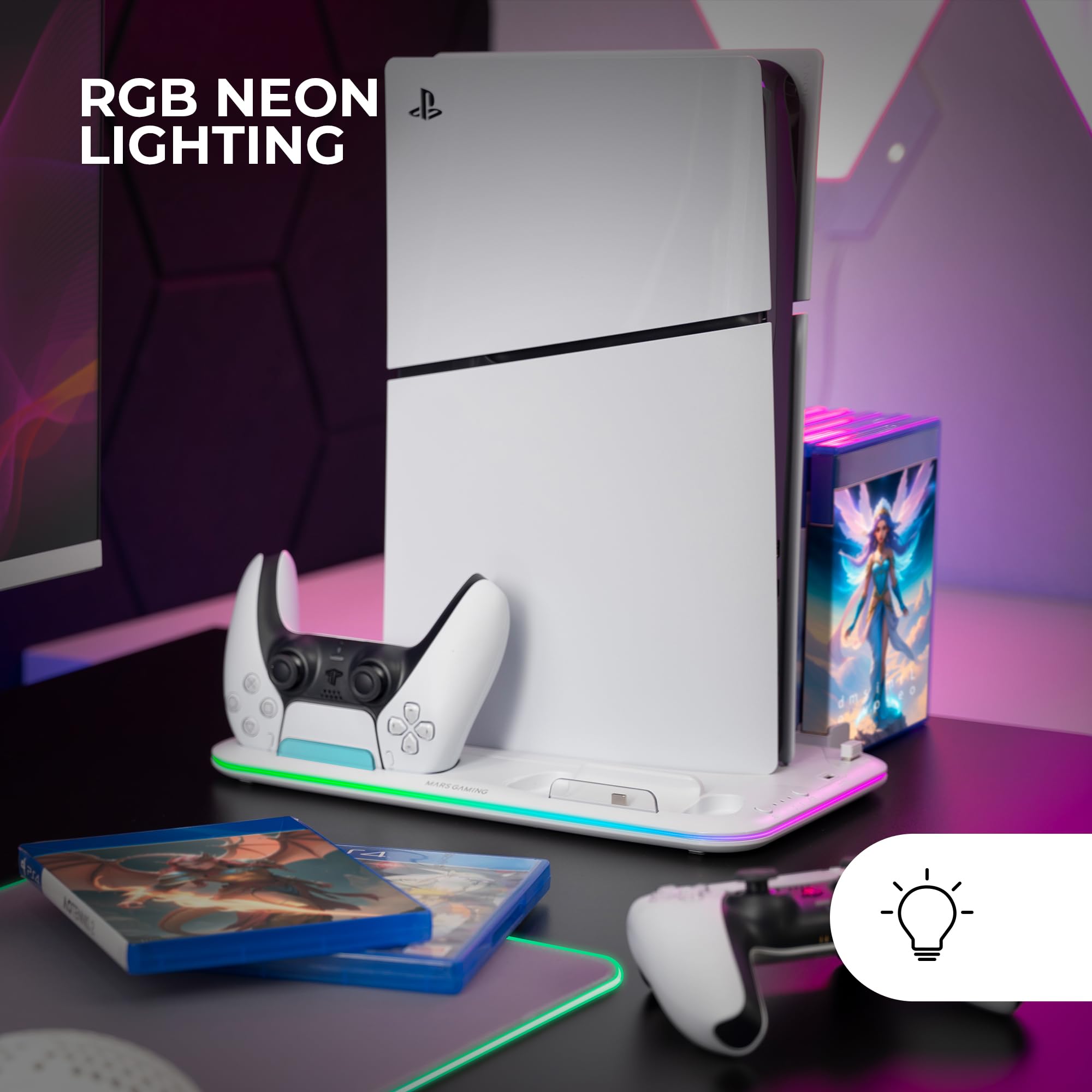 MARSGAMING MPS5-B2, Supporto RGB per PS5 Slim Standard e Digital, 1x Ventilatore, Caricatore Doppio di Controller, Illuminazione Neon RGB, Organizer per Videogiochi + Supporto per Cuffie, Bianco