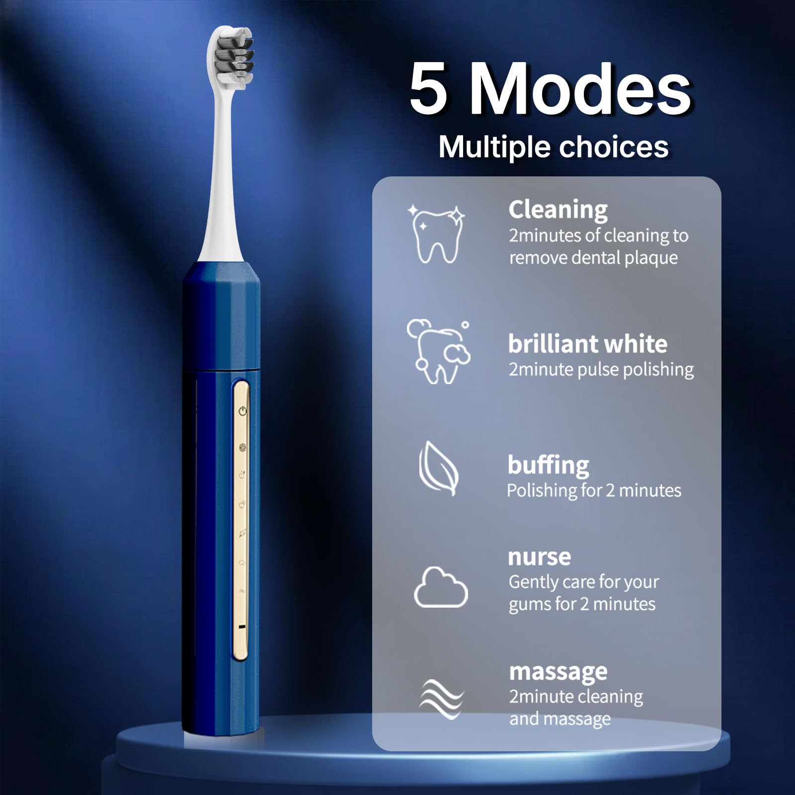 Fairir Cepillo de dientes eléctrico Sonic para adultos y niños, 10 cabezales de cepillo, batería de 30 días, 5 modos, temporizador de 2 minutos, IPX8 impermeable, recargable y apto para viajes (azul)
