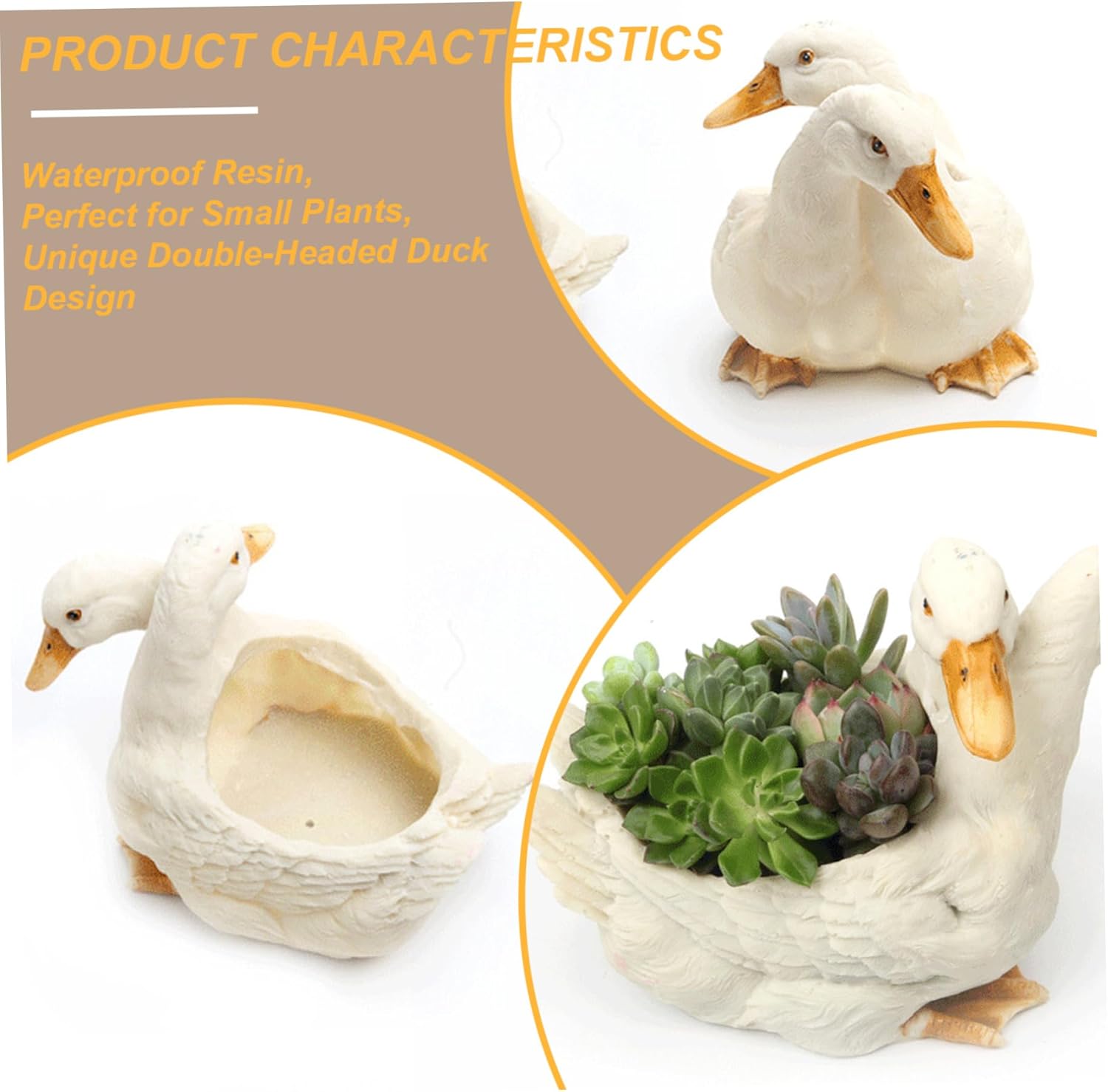Succulent Planter, Double Head Duck Planter, Waterproof Resin Duck Vase, 7.7x4.9x5.1 Inch Succulent Pots for Home Office Decor