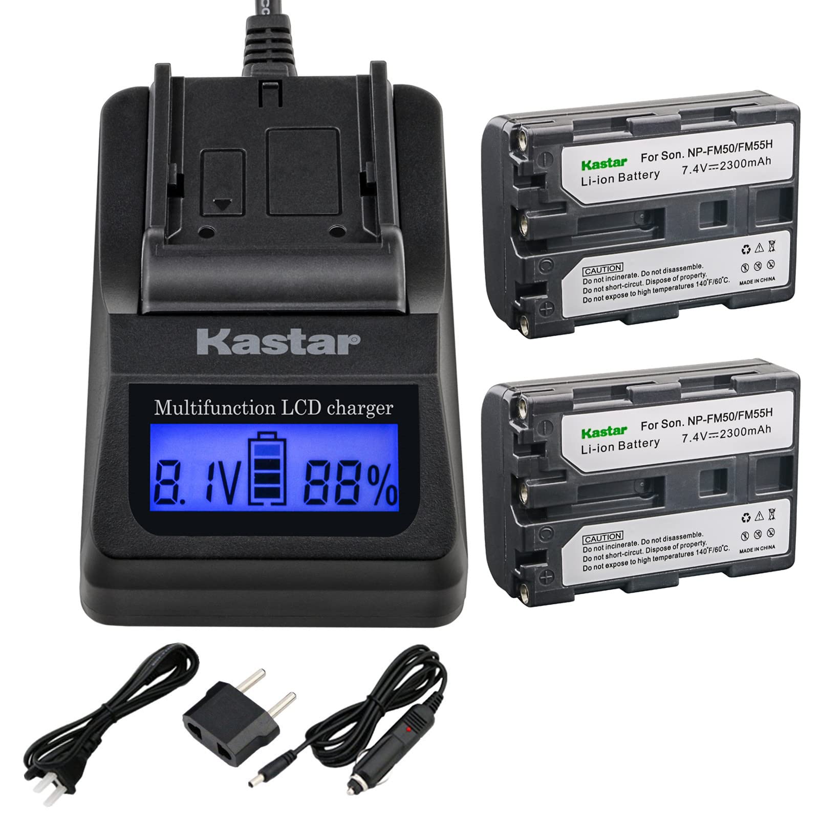Kastar Fast Charger and Battery (2-Pack) for Sony NP-FM30 NP-FM50 NP-FM51 NP-QM50 NP-QM51 NP-FM55H and CCD-TR DCR-PC DCR-TRV DCR-DVD DSR-PDX GV HVL Series Camcorder (Search The Model in Description)