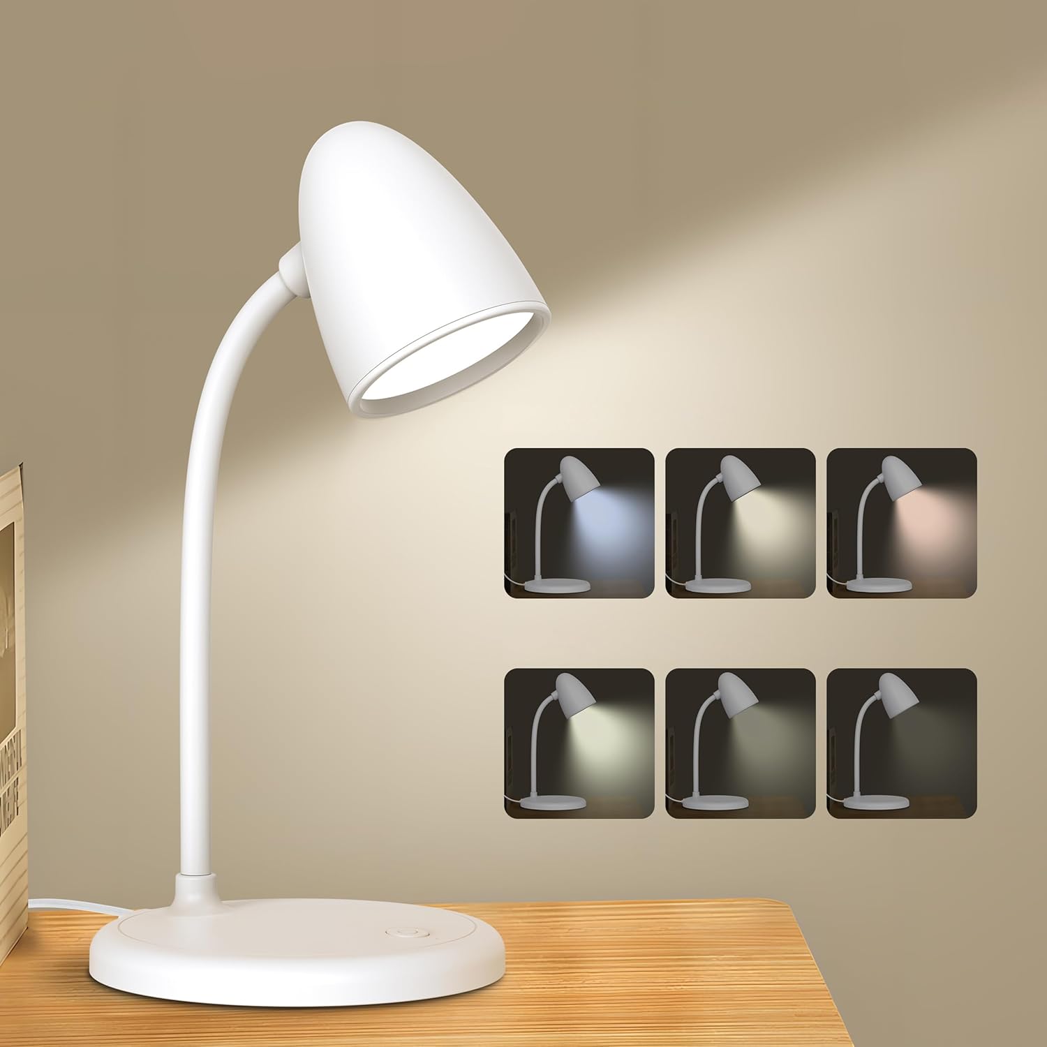 Desk Lamp for Home Office,3 Light Colors,Flexible Gooseneck Table Lamp,Dimmable Reading Light for Bedside Small Desk Lamp for College Dorm Room,Bedroom Desk Light White