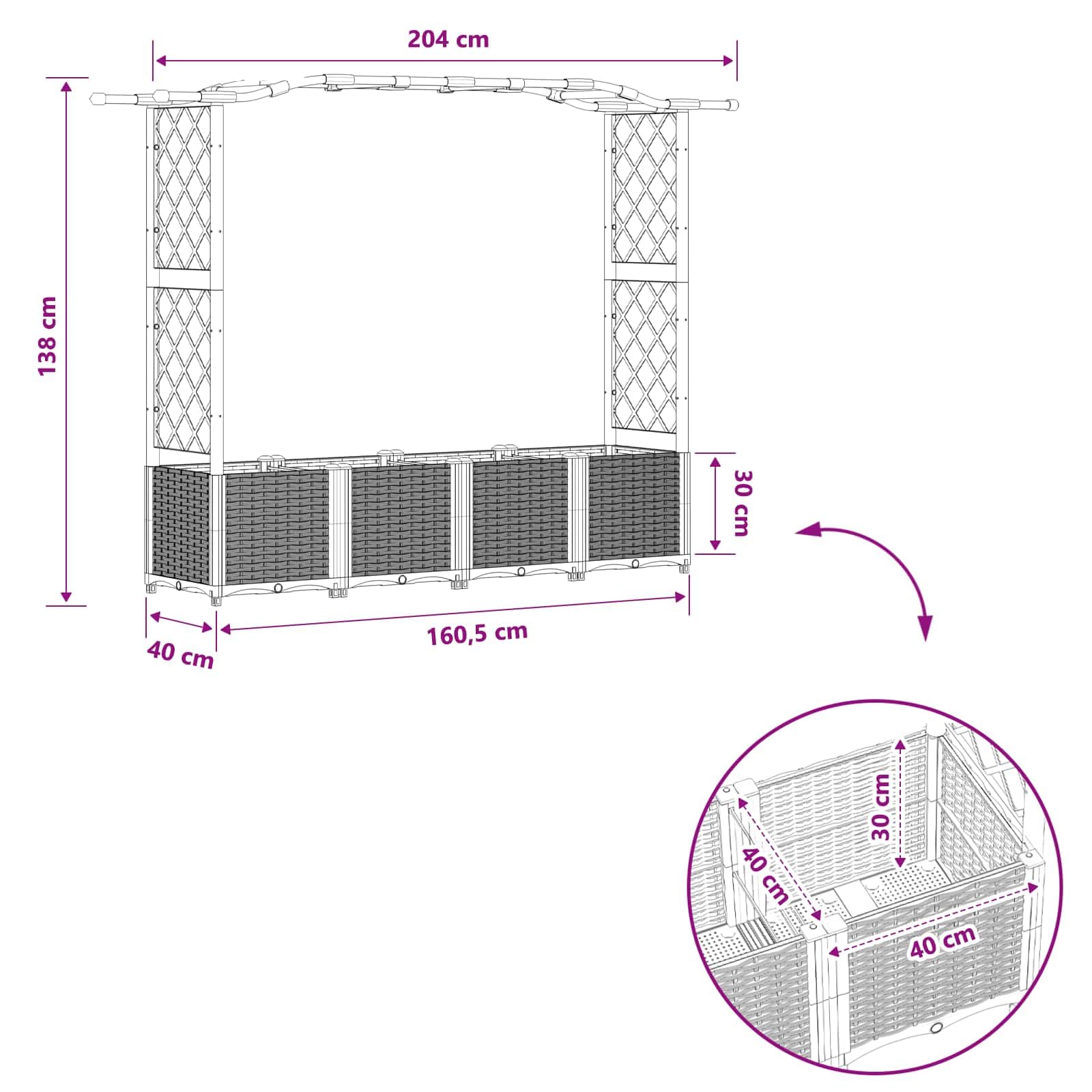 Cama de flores elevada con rejilla y techo negro, maceta de PP 204 cm | Plantador resistente de PP para balcón, terraza y jardín. Ideal para plantas trepadoras gracias al spalier integrado.