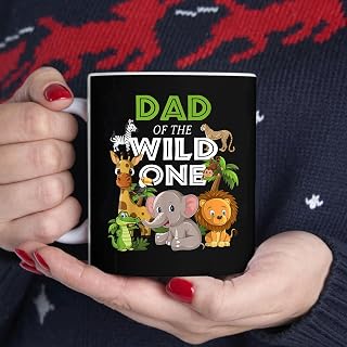 Dad of The Wild One Zoo Birthday Safari Jungle Animal BlackMug, Tea Mug, Tea Cup, Coffee Cup