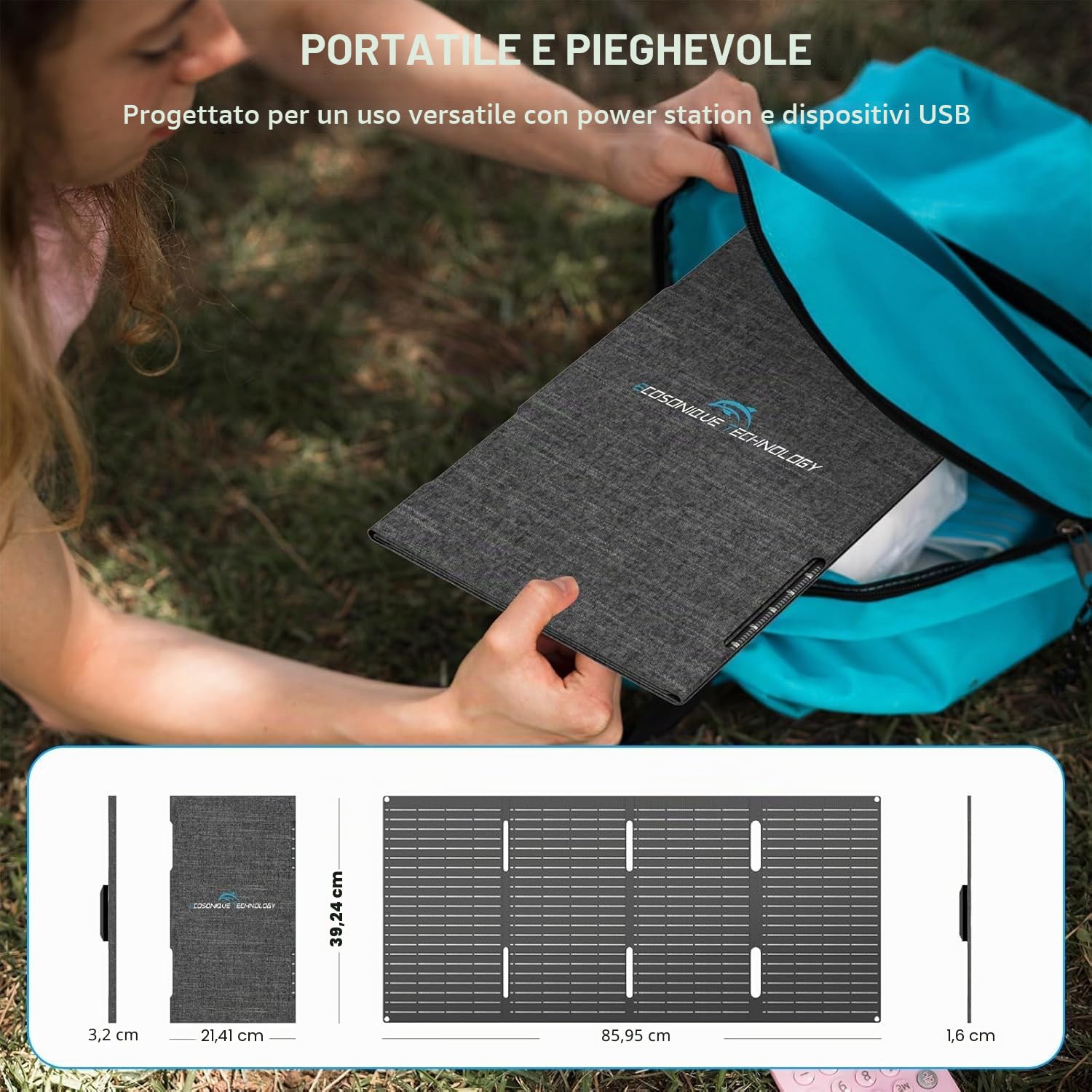 Ecosonique Pannello solare portatile da 60 W, modulo solare pieghevole, ricarica rapida con USB-C PD3.0, USB-A QC3.0, uscita DC 18 V, impermeabile per campeggio, esterni, centrale elettrica