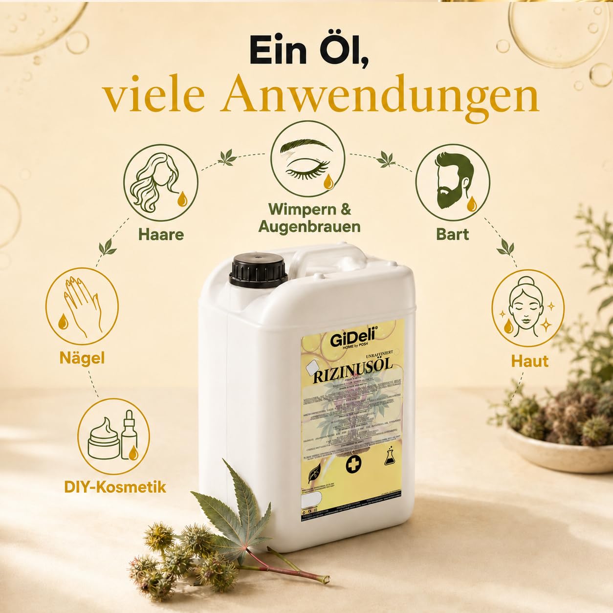 GiDeli Aceite de ricino prensado en frío, 10 l, puro aceite de ricino en Ph. Eur. Calidad para cabello, pestañas y piel – Aceite de cuidado sin refinar como base para cosméticos naturales DIY – Sin