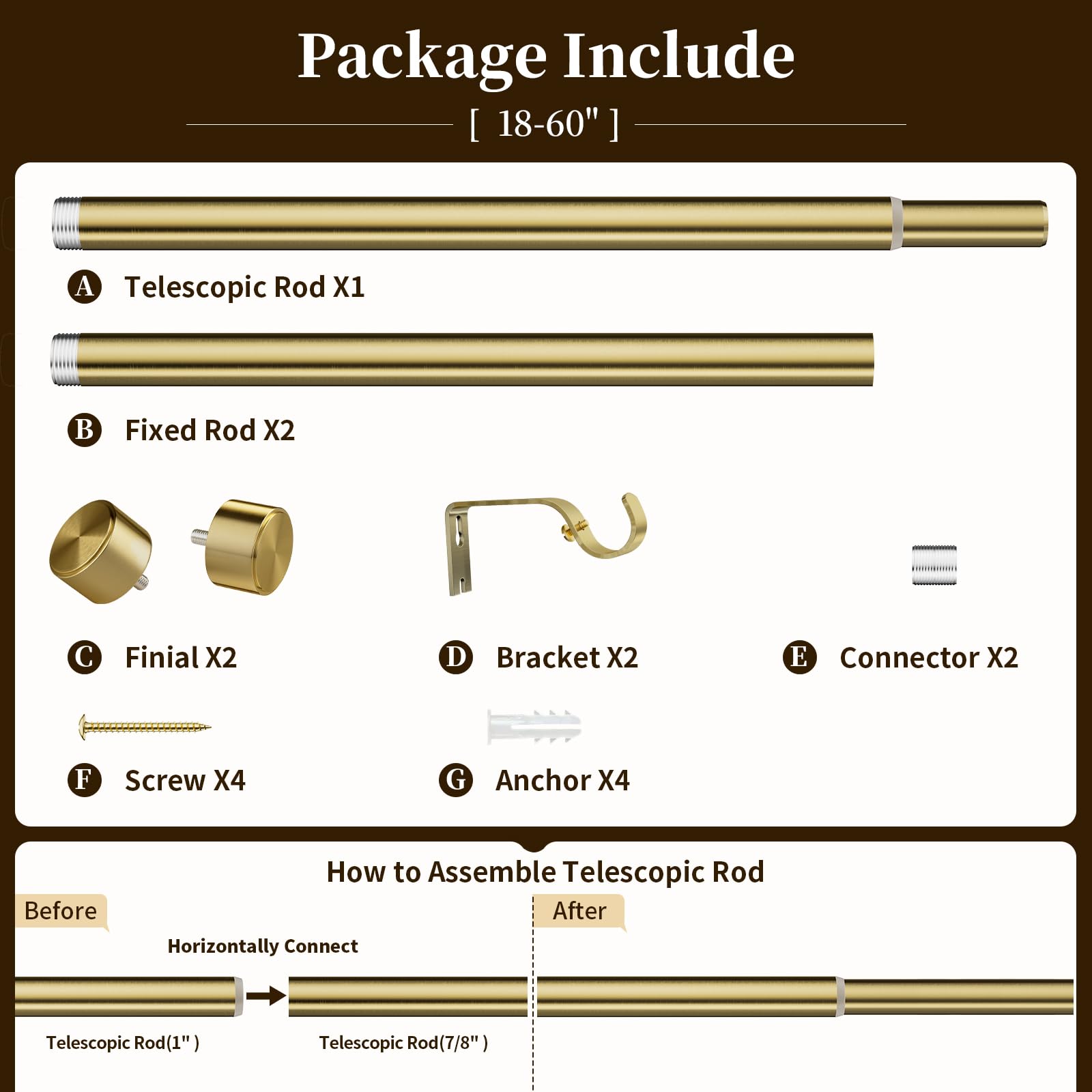 Gold Curtain Rod - Adjustable 18-144 Inch -7 Gold Curtain Rod - Adjustable 18-144 Inch -7