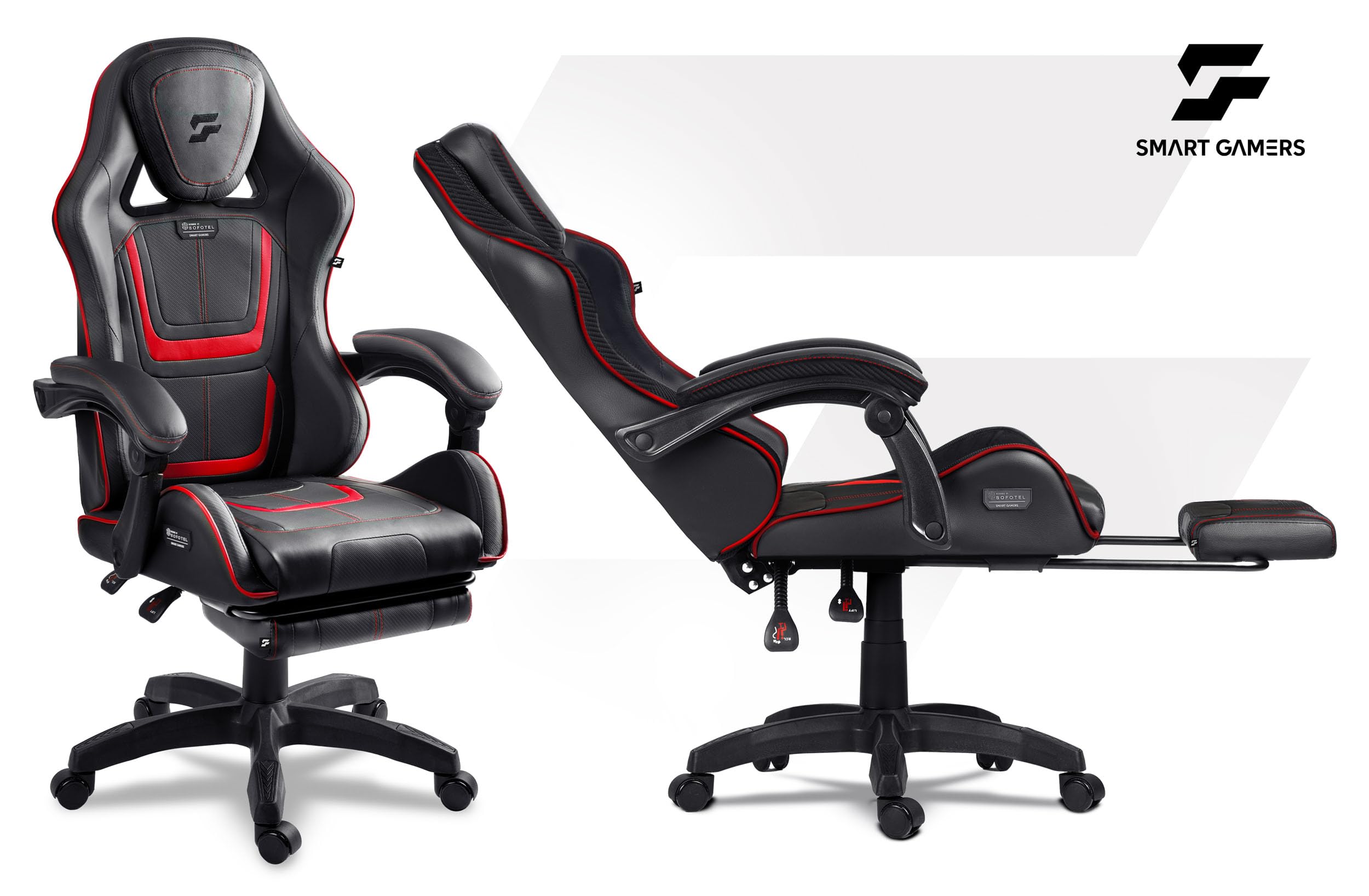 Sedia da gioco - Sedia da gioco ergonomica da ufficio - con poggiapiedi a secchiello - Regolabile e girevole - Per lavoro, giocare e rilassarsi - 120 kg - Nero, Rosso