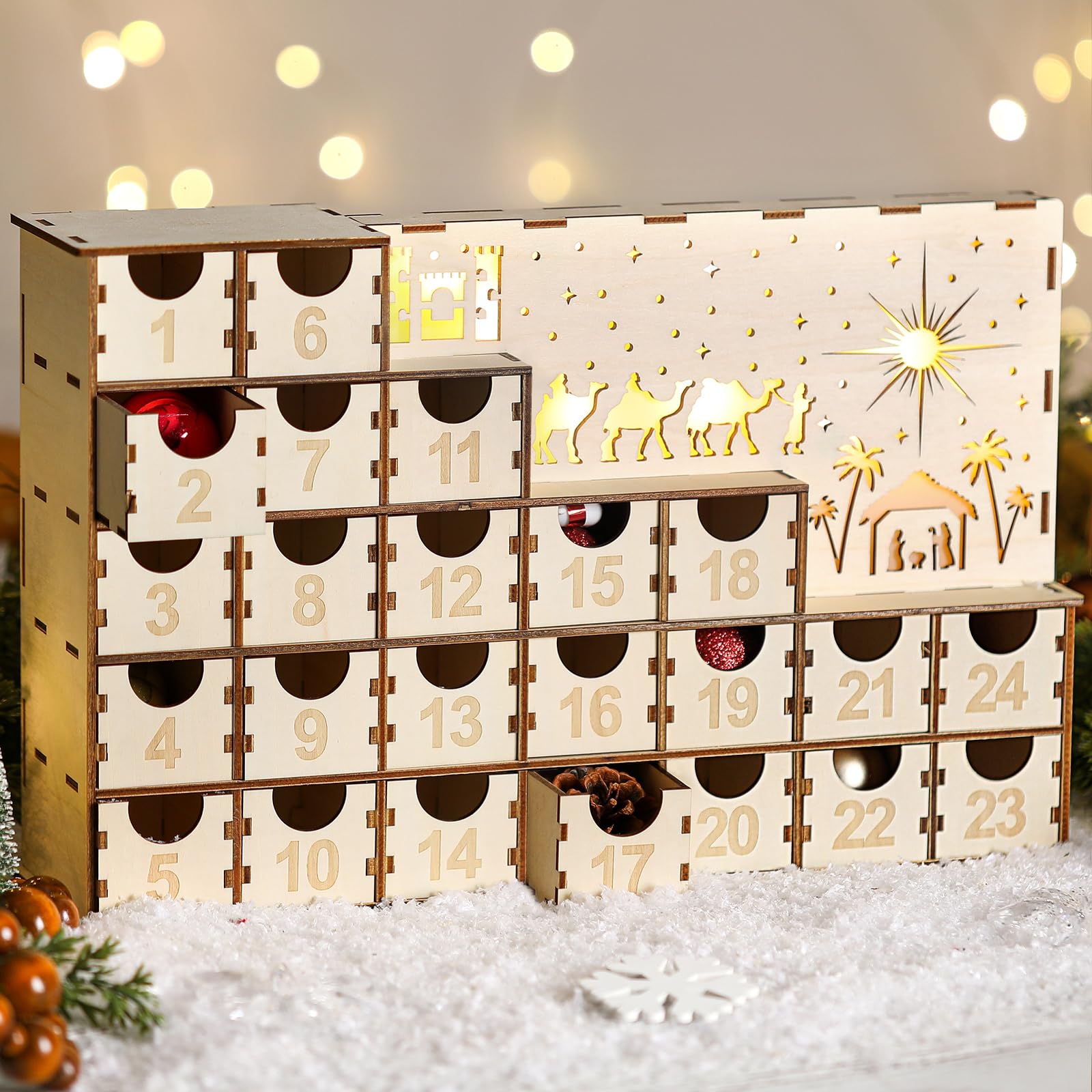 Nuanchu 24 Tage Adventskalender mit 24 Schubladen beleuchtet Holz DIY Countdown bis Weihnachten Kalender Krippe Dekoration Weihnachten Desktop Organizer Xmas Holz Handwerk 35,8 x 21,6 x 7,6 cm