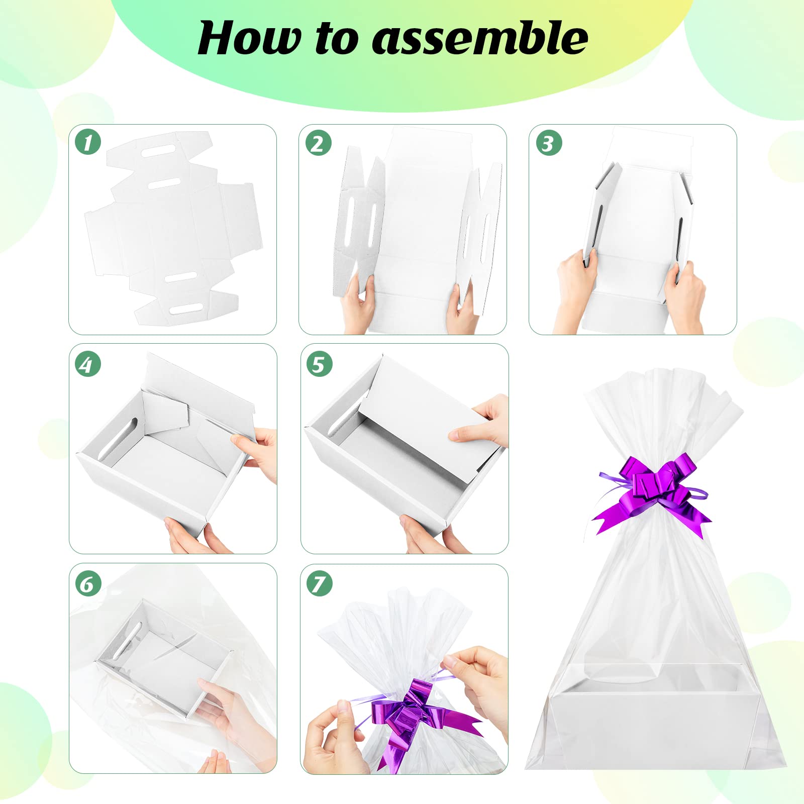 Juego de 74 cestas vacías de regalo, 20 cestas de regalo de cartón de 8 x 6 x 3 pulgadas, cestas vacías para regalos con asas, 30 bolsas y 24 lazos multicolor para fiestas, hogar, boda, cumpleaños,
