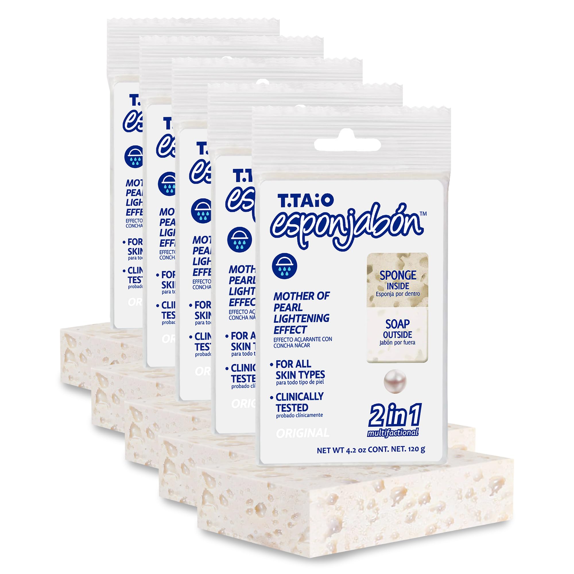 T.Taio Esponjabon Mother of Pearl Soap Sponge - Cleansing Shower Scrubber - Cleaning Bath Wash Scrub - Oil Removal - Massage & Lather Foot, Elbow, & Face - Bathroom Accessories - Fresh Scent (5-Pack)