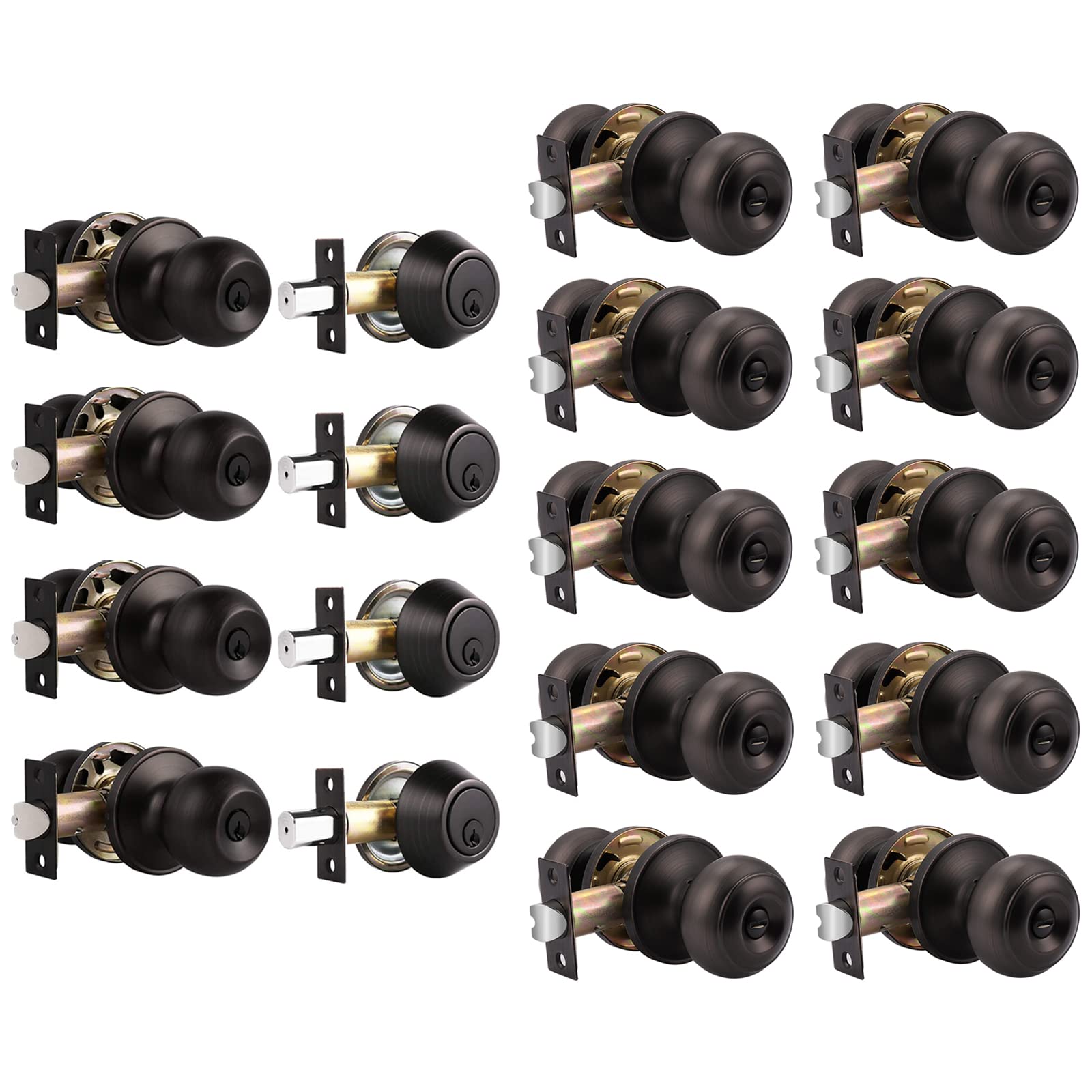Probrico (4 Set Keyed Alike Door Deadbolt Locks and (10 Pack) Interior Privacy Door Knobs, Oil Rubbed Bronze Finish