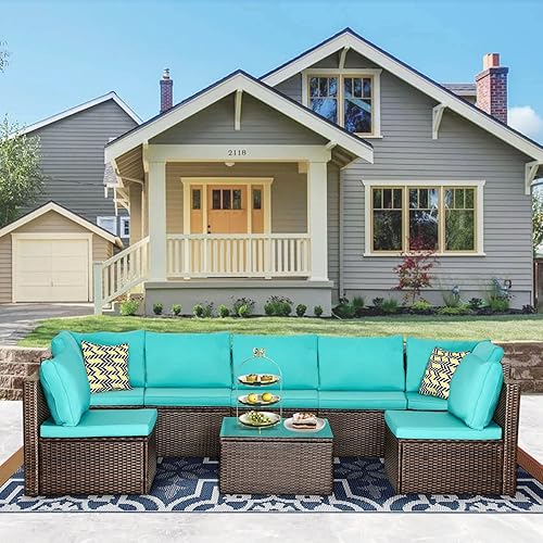 Miniatura 13 de PayLessHere Juego de muebles para patio, 4 piezas, de ratán para exteriores, sofá de mimbre para conversación de jardín, con cojín suave y mesa de