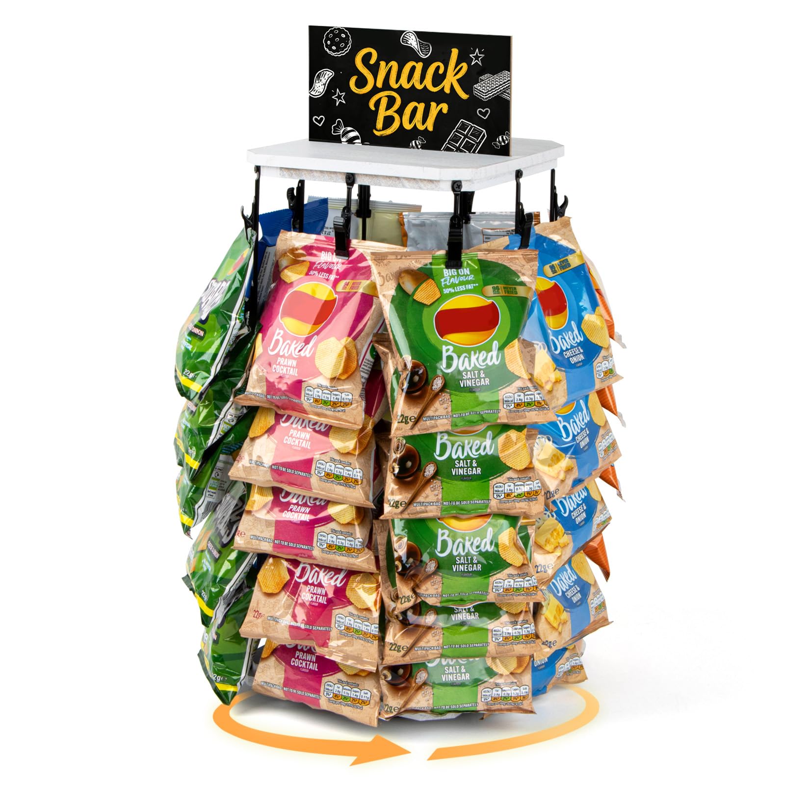 Puersi White Wooden Chip Rack Display Stand, 5 Tiers 40 Clips Rotating Snack Rack For Office Countertop, Snack Organizer Chip Storage Candy Display For Concession, Party, Retail, With Message Board