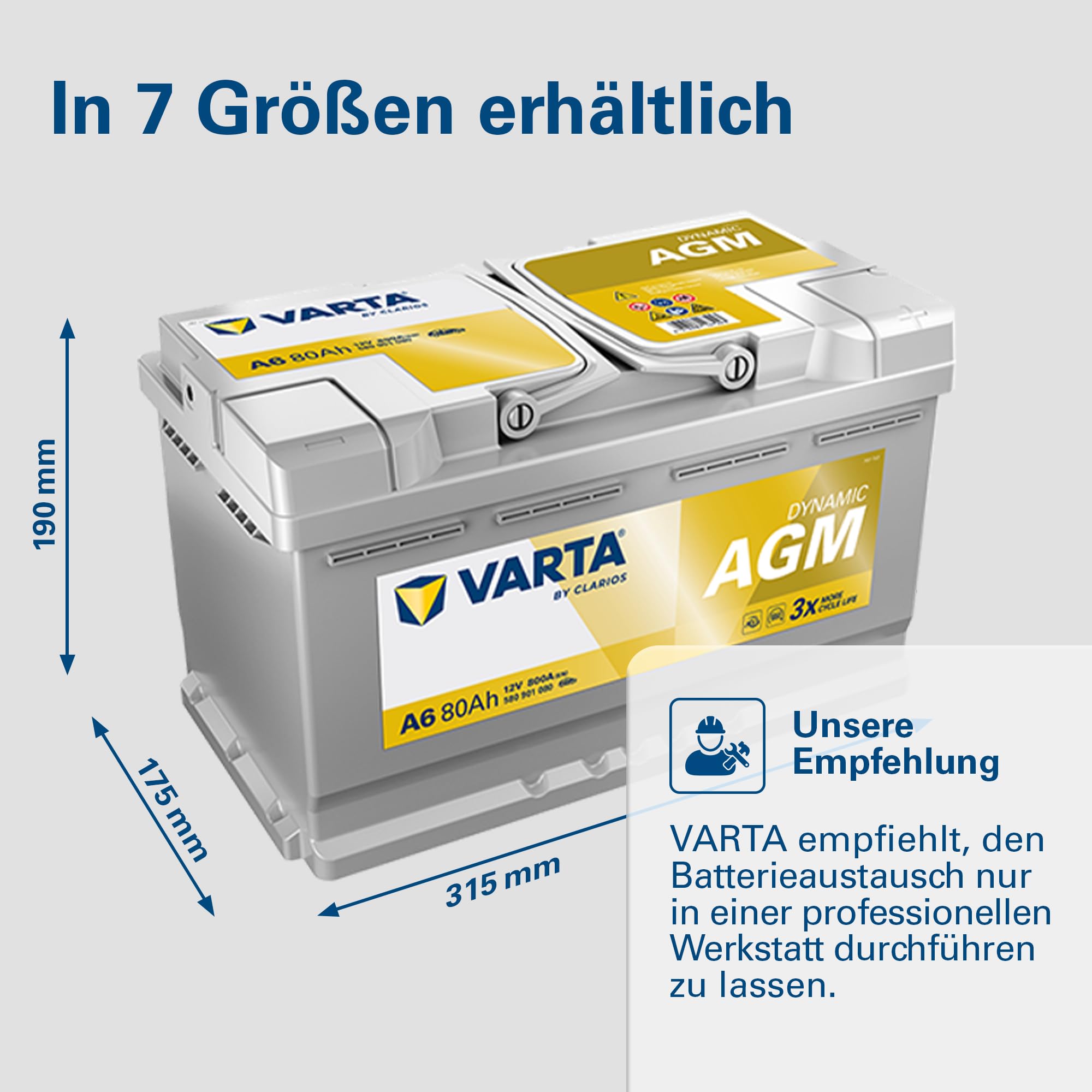 VARTA Automotive DYNAMIC AGM (A6) 12V 80Ah 800A - Nassbatterie für Start-Stopp Systeme und xEV - Starterbatterie für Autos mit höherem Energiebedarf - Wartungsfreie Bleisäurebatterie
