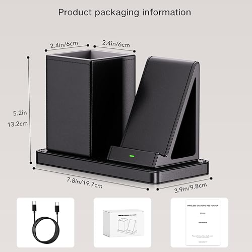 Miniatura 6 de Soporte multifuncional para bolígrafo para escritorio, organizador de escritorio de cuero vegano negro con soporte para control remoto, soporte para