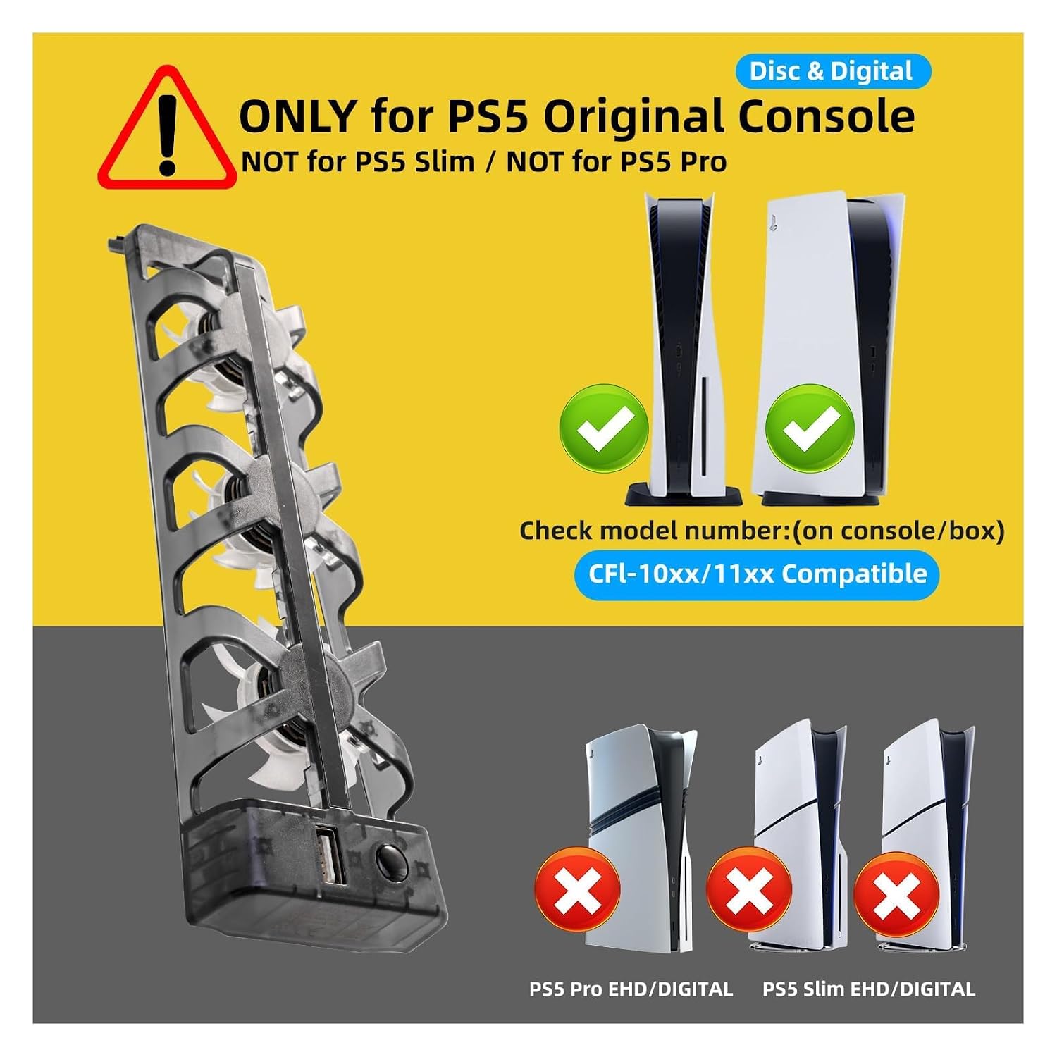 NANANINO Cooling Fan for Original PS5 Console Only, 3-Fan External Cooler with USB Charging Port, Quiet Plug & Play Cooling System, Blue LED Indicator, for PS5 Disc & Digital Edition 3 7139SlSFFVL. SL1500