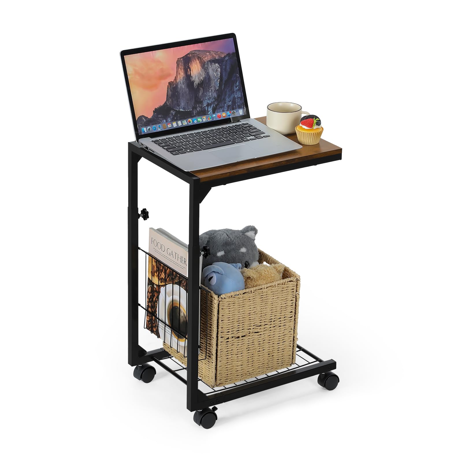 C Shaped Side Table Brown Adjustable C Table End Table With 2-Tier Shelf