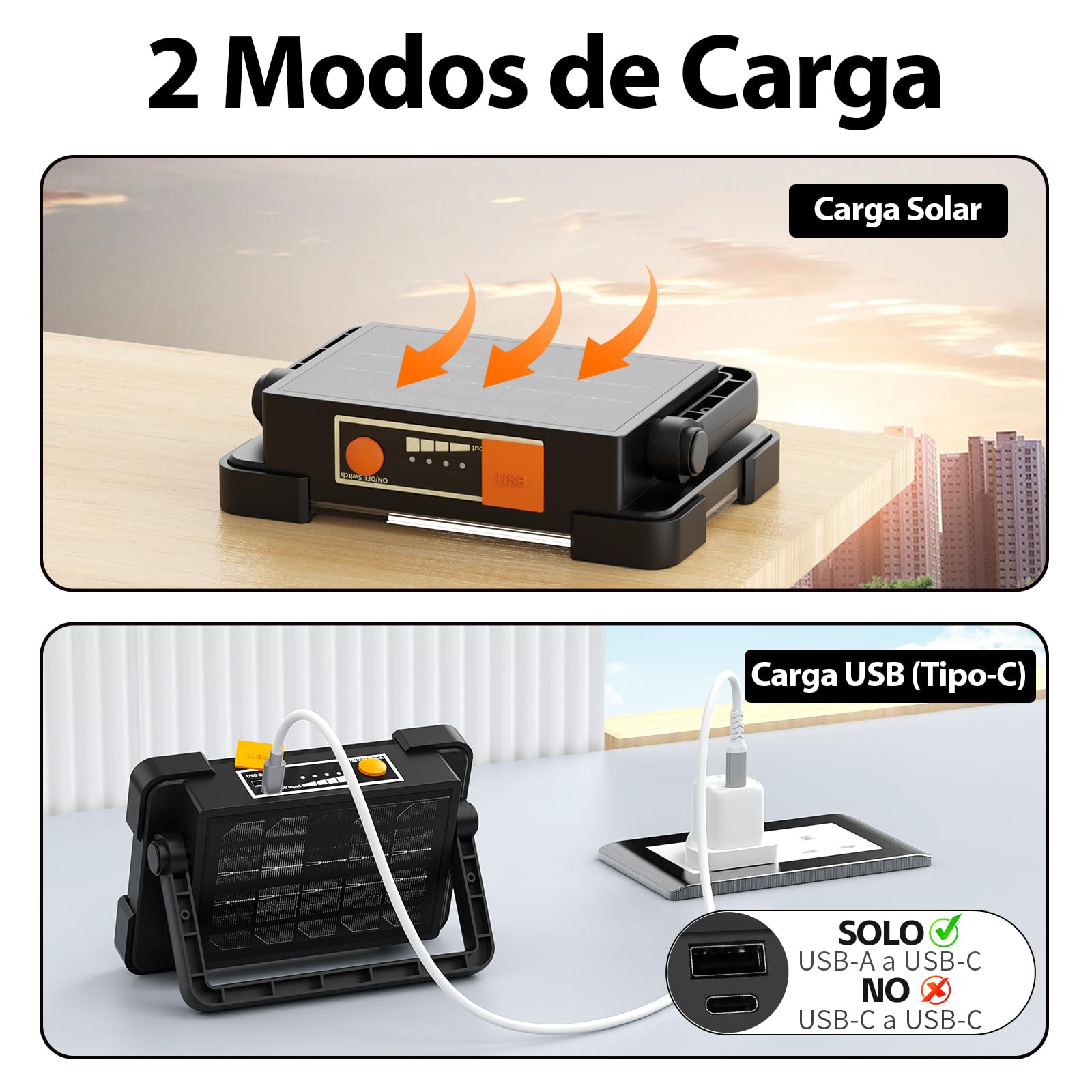OHAYORI Foco LED Recargable, Luz de Trabajo Portátil USB de 4 Modos, 6000 mAh Banco de Energía, Luz de Trabajo LED Solar Impermeable para Exteriores para Acampar, Jardín, Pesca, Garaje, Emergencia