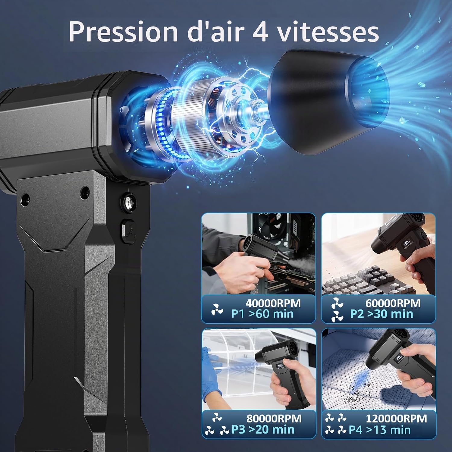 Souffleur Air Comprimé, Souffleur PC 120000 TR/Min, avec 5 Embouts - Mise en situation et utilisation