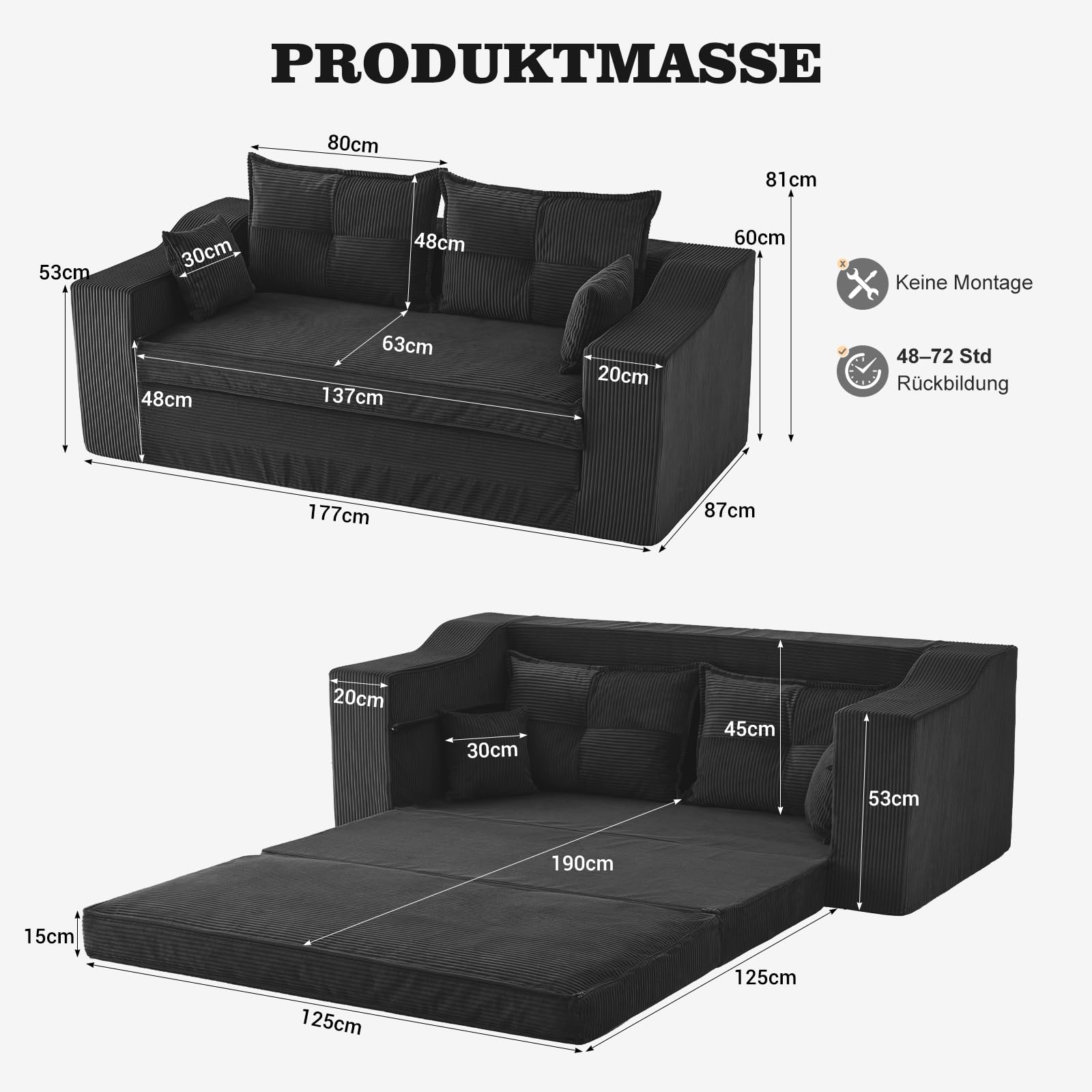 APICIZON Sofá Cama, sofá 2-en-1 sin Estructura, sofá de Suelo con Cojines, sofá de 3 plazas Convertible con función Cama, colchón Plegable (Pana - Gris Oscuro, Ancho 177 cm)