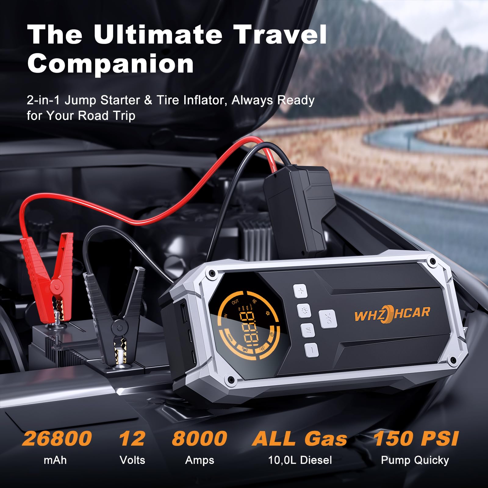 Arrancador de Coches 8000A Compresor de Aire 150PSI Arrancadores de Bateria de Coche 12V (hasta 12L de diésel o All de Gasolina) Jump Starter con Lumen LED Clips de Seguridad Inteligentes Carga Rápida