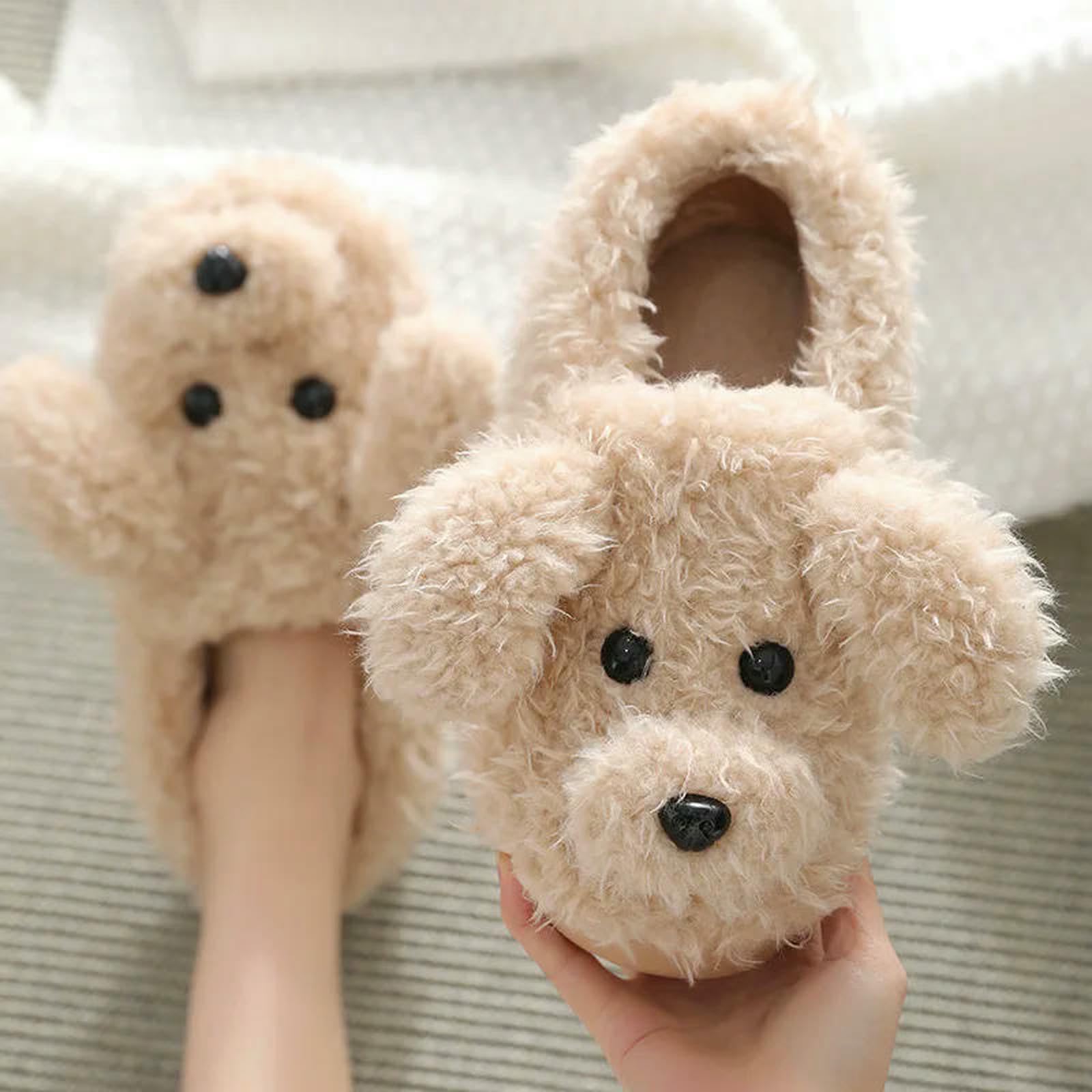 Pantuflas Zapatillas Cortas De Invierno para Mujer, Zapatos Cálidos Y Acogedores Algodón El Hogar, Antideslizantes Parejas Perros Lindos Interiores-Perro Caqui1-44-45(Ajuste 43-4