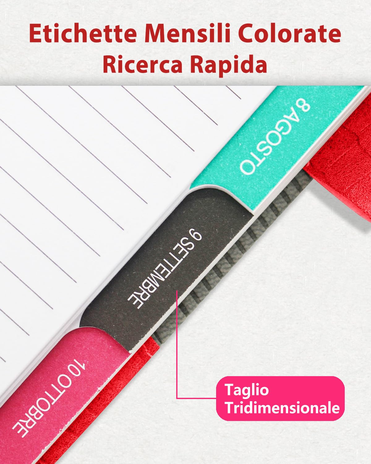 HW CASA Pelle PU Patchwork Bicolore Agenda 2025 Giornaliera,Una Sola Pagina per Un Solo Giorno,Formato A5,200 Pagine,Con Etichette Mensili Colorate e Piani Mensili,Con Passante per Penna (Rosso)