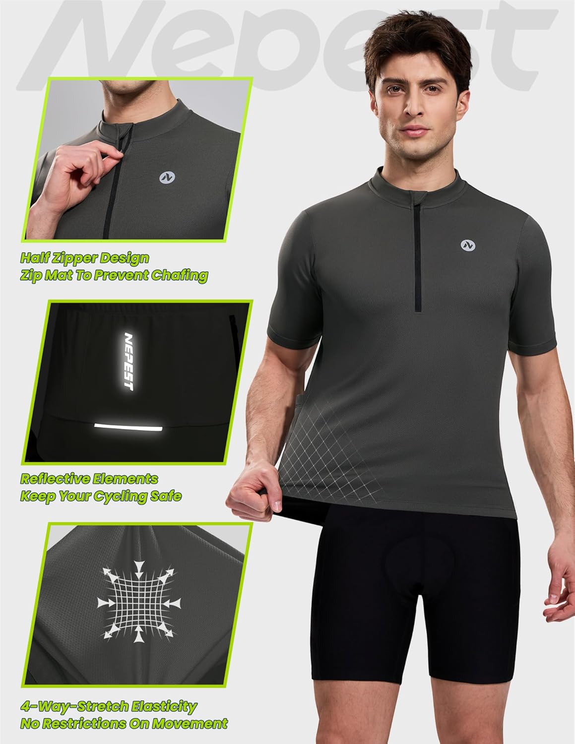 Nepest Cycling Jersey Men Short Sleeve Bike Shirts with 4 Rear Pockets Moisture Wicking Half Zip Road & Mountain Biking - Image 2