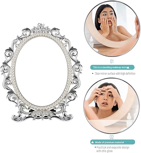 Miniatura 3 de Beaupretty Espejo de maquillaje vintage, espejo de cosméticos vintage, espejo de tocador de escritorio, espejo de belleza de perlas, espejo de mesa