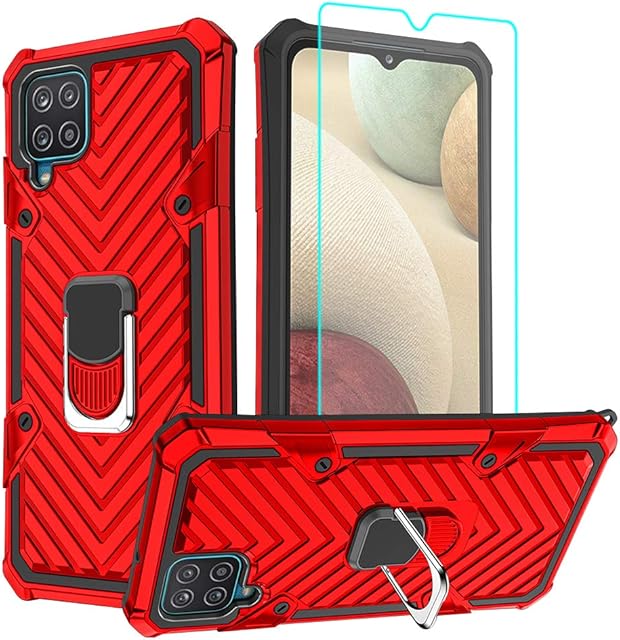 HNHYGETE Samsung A12 Case, Galaxy A12 Case with HD Screen Protector, Heavy Duty Shockproof Protection Cover Full Protective with Ring Phone Cases for Samsung Galaxy A12 (Red)