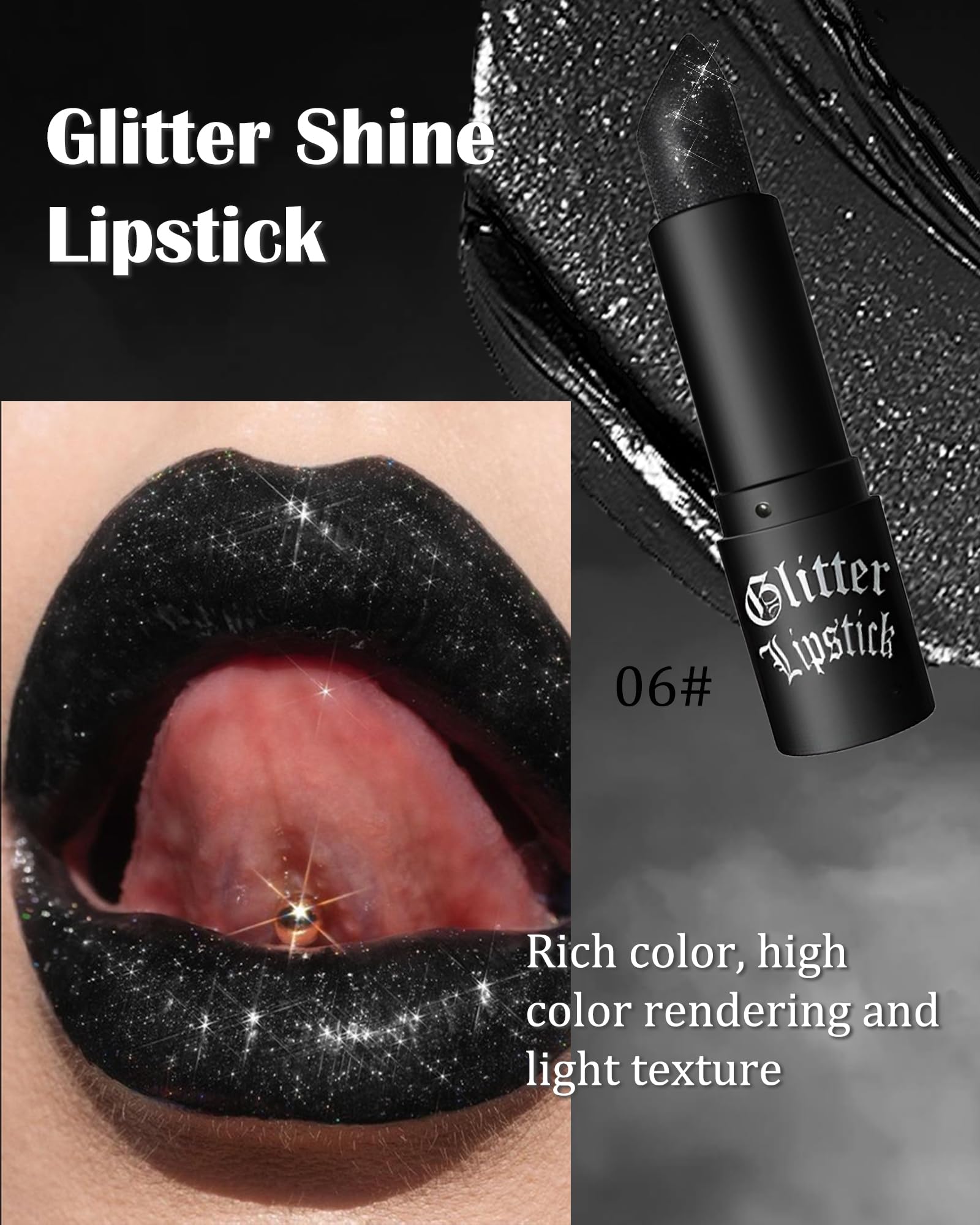Black Diamond Glitter Matte Lipstick, Gothic Shiny Lip Gloss - Image 2